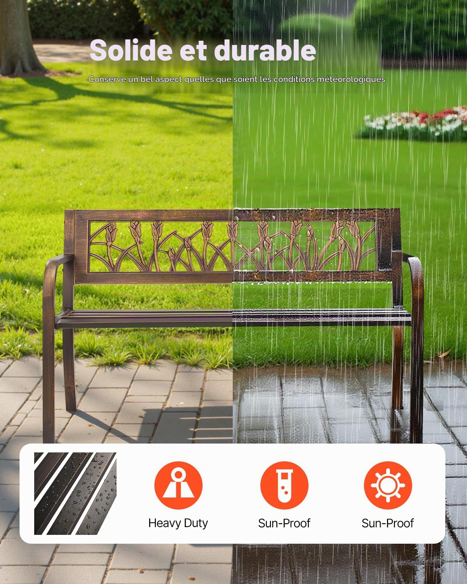 VEVOR Banc de jardin, 127 cm, banquette extérieur en acier carbone avec dossier en PVC à motif floral et accoudoirs à bords arrondis, banc résistant aux intempéries pour terrasse, parc, bronze antique