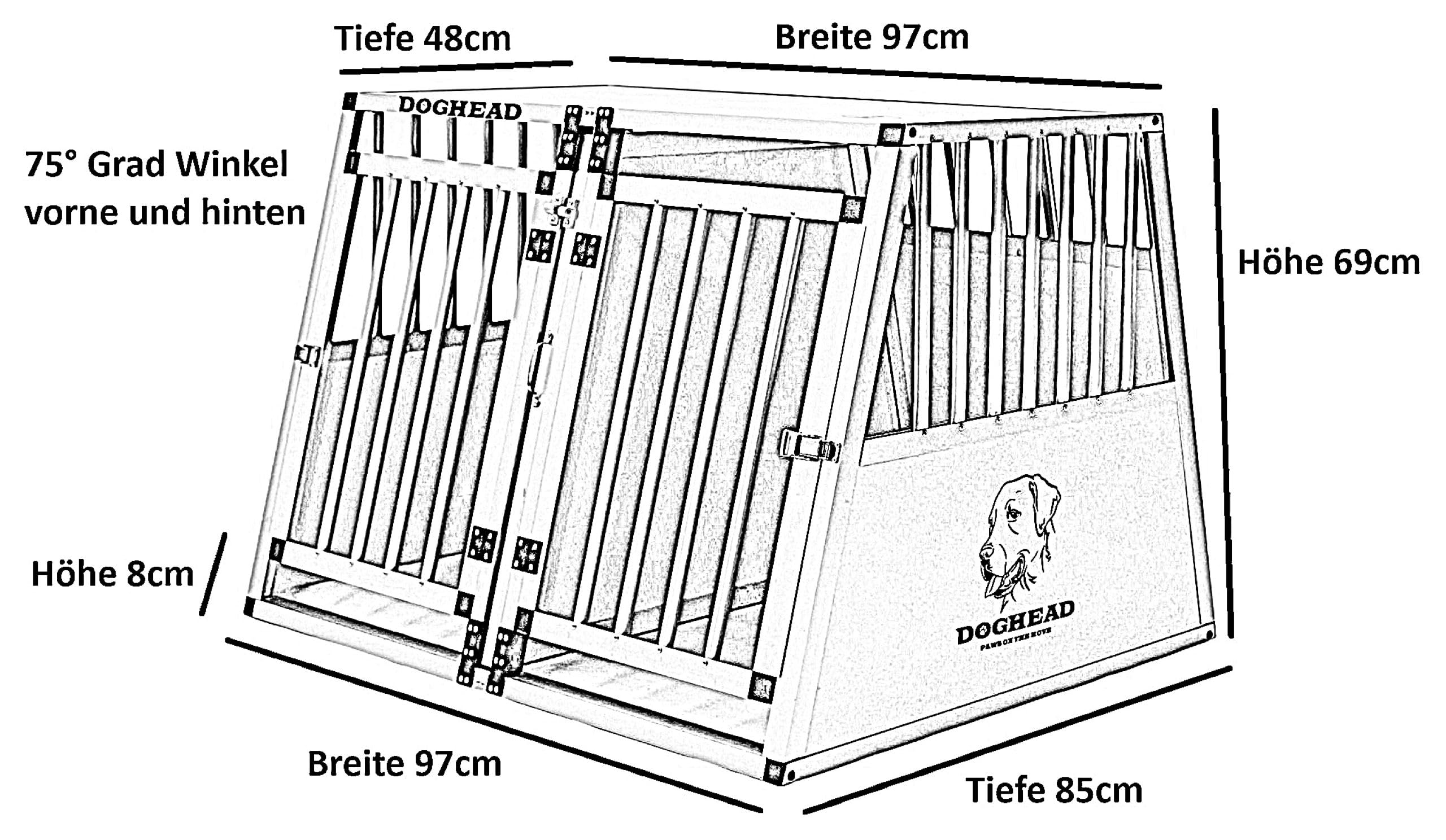 DOGHEAD Hundetransportbox Comfort, Double 97x85x69 cm DG, Schwarz, Aluminium, Beidseitig Abgeschrägt 75°, Trennwand mit Griff, Keine Kombibox