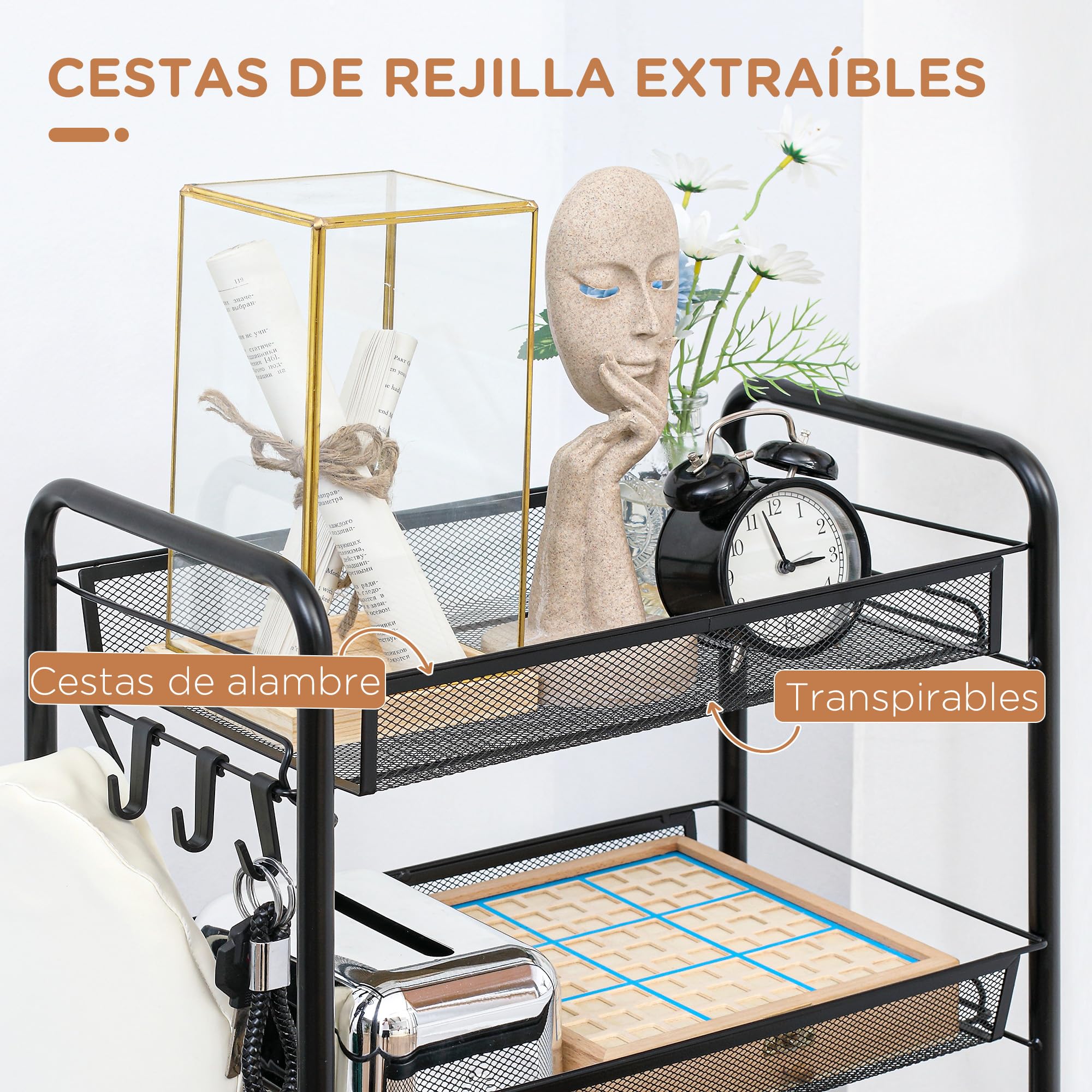 HOMCOM Carrito Auxiliar con Ruedas, Verdulero Cocina de 5 Niveles, Carrito de Cocina con 4 Ganchos, Carga 15 kg, para Comedor, Sala de Estar, Baño, 45x26,5x106 cm, Negro