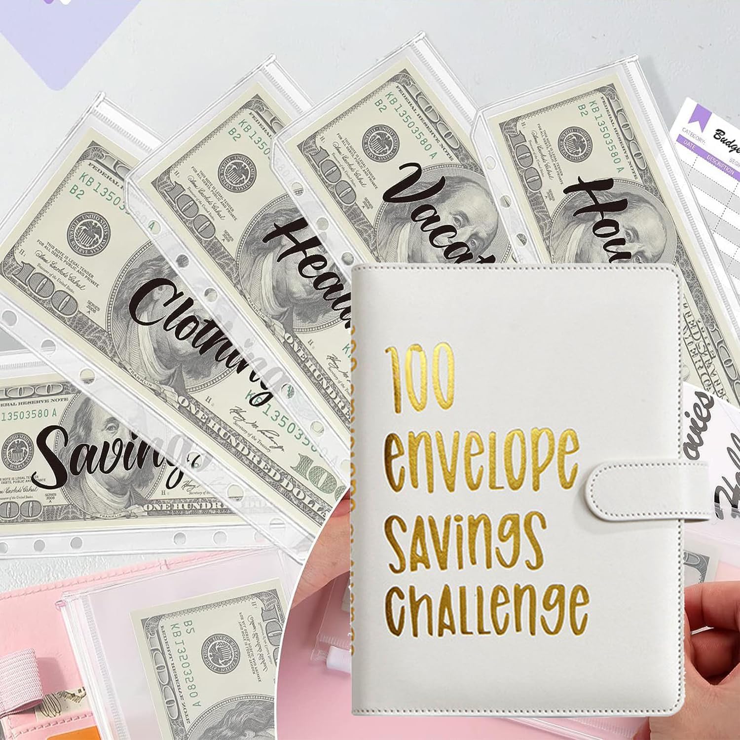 100 Umschlag Saving Challenge,Budget Planner Deutsch,A5 Haushaltsplaner mit Umschlägen,Budget Binder Einfache und Unterhaltsame Möglichkeit zu Sparen 5050 €,Sparbuch für Geld Sparen Challenge
