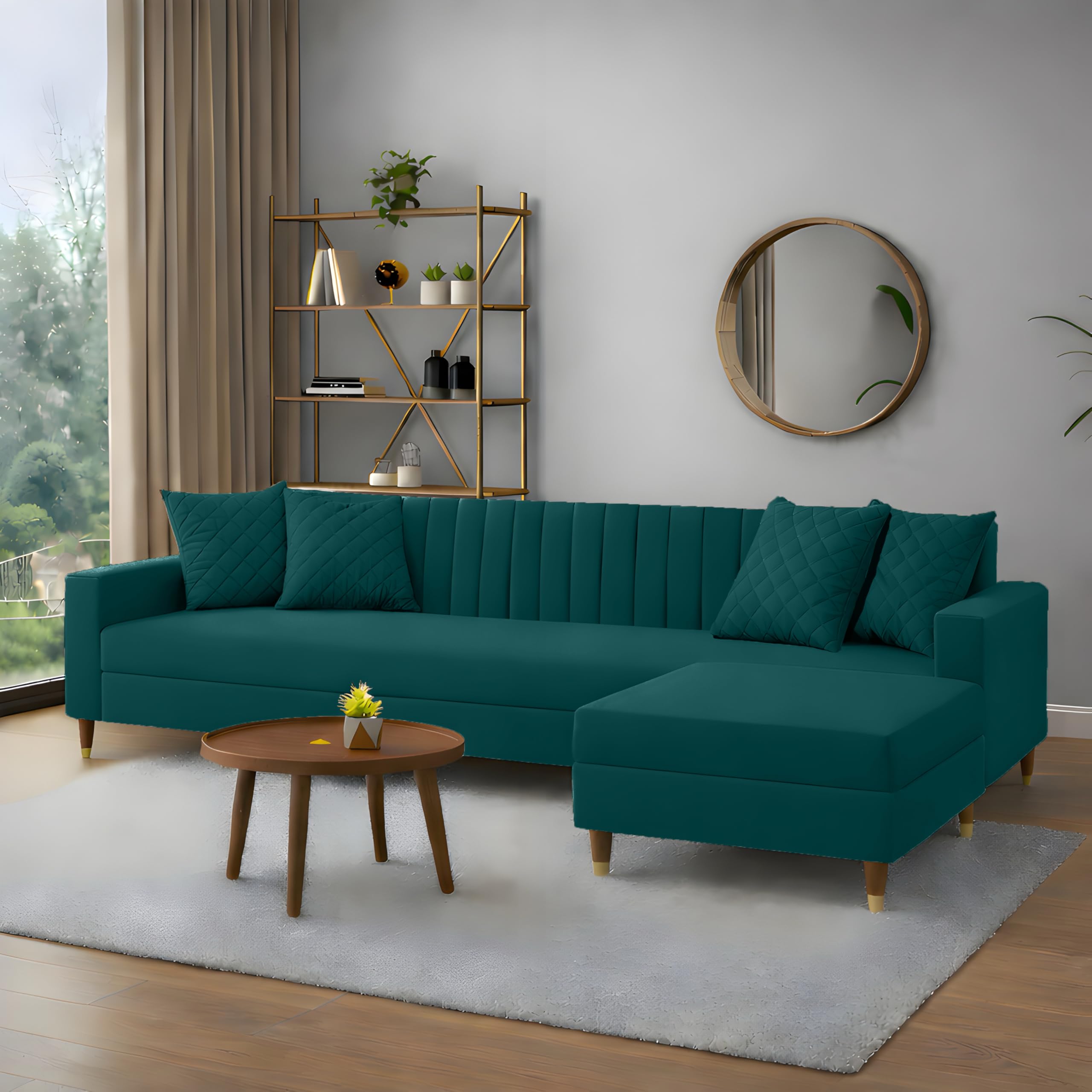 AMATA Elegant 4 Seater L Shape Ocean Blue Fabric Sofa Set with Four Cushions Perfect for Home Office Guests Living Room (02 Ocean Blue, L Shape)(03 Year Warranty)