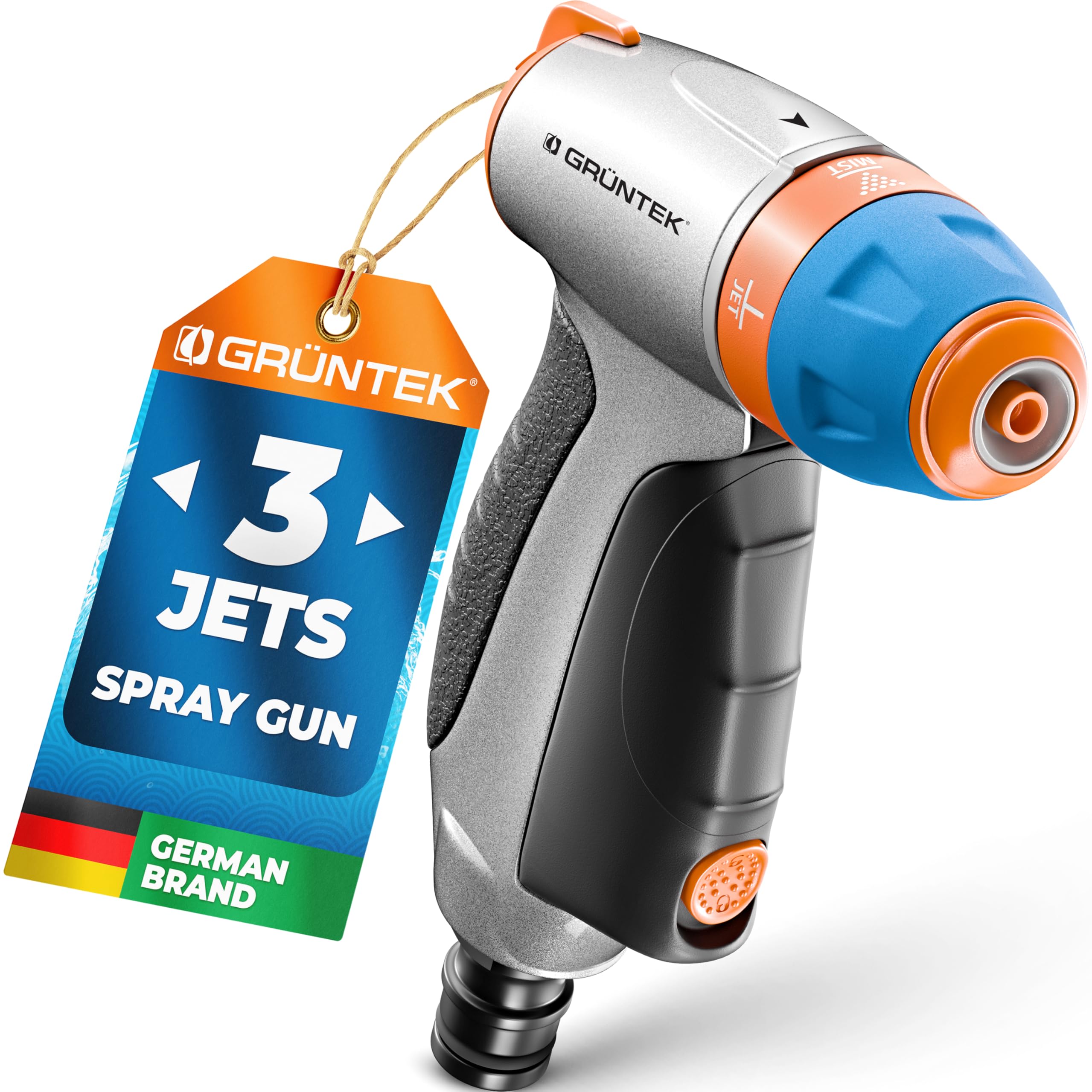Grüntek 2. 3-Spray Modes - High Pressure Metal Garden Hose Spray Gun – Hosepipe Gun With 3 Patterns (Jet/Mist/Cone) | High Pressure Hose Nozzle With Thumb Flow Control | Garden Hose Sprayer For Car Wash & Watering