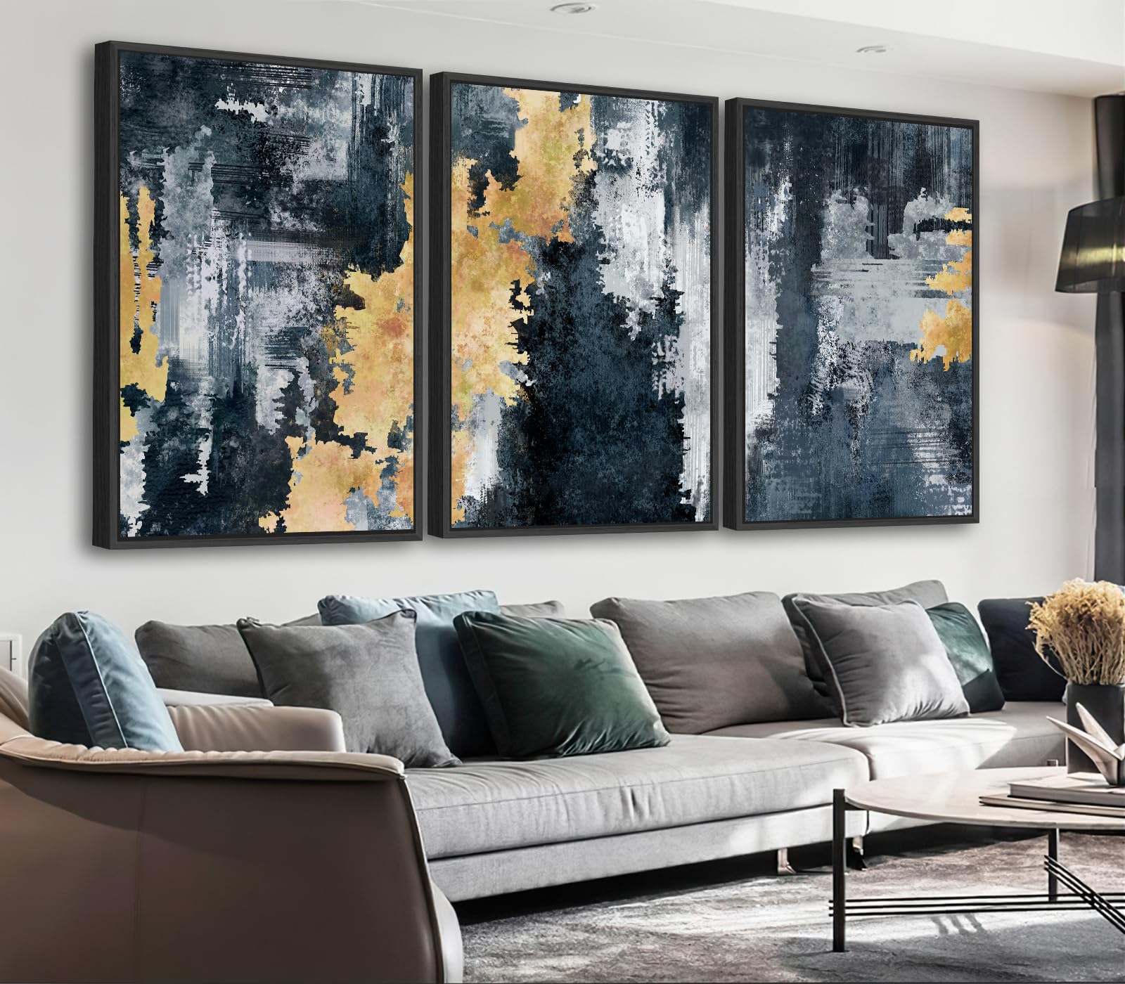 Large Framed Abstract Wall Art - Natural Frame Retro Canvas Pictures for Living Room Modern Canvas Prints Navy Blue for Bedroom, Black Float Frame Art for Home Office Kitchen Decor 16" X 24" X 3pcs