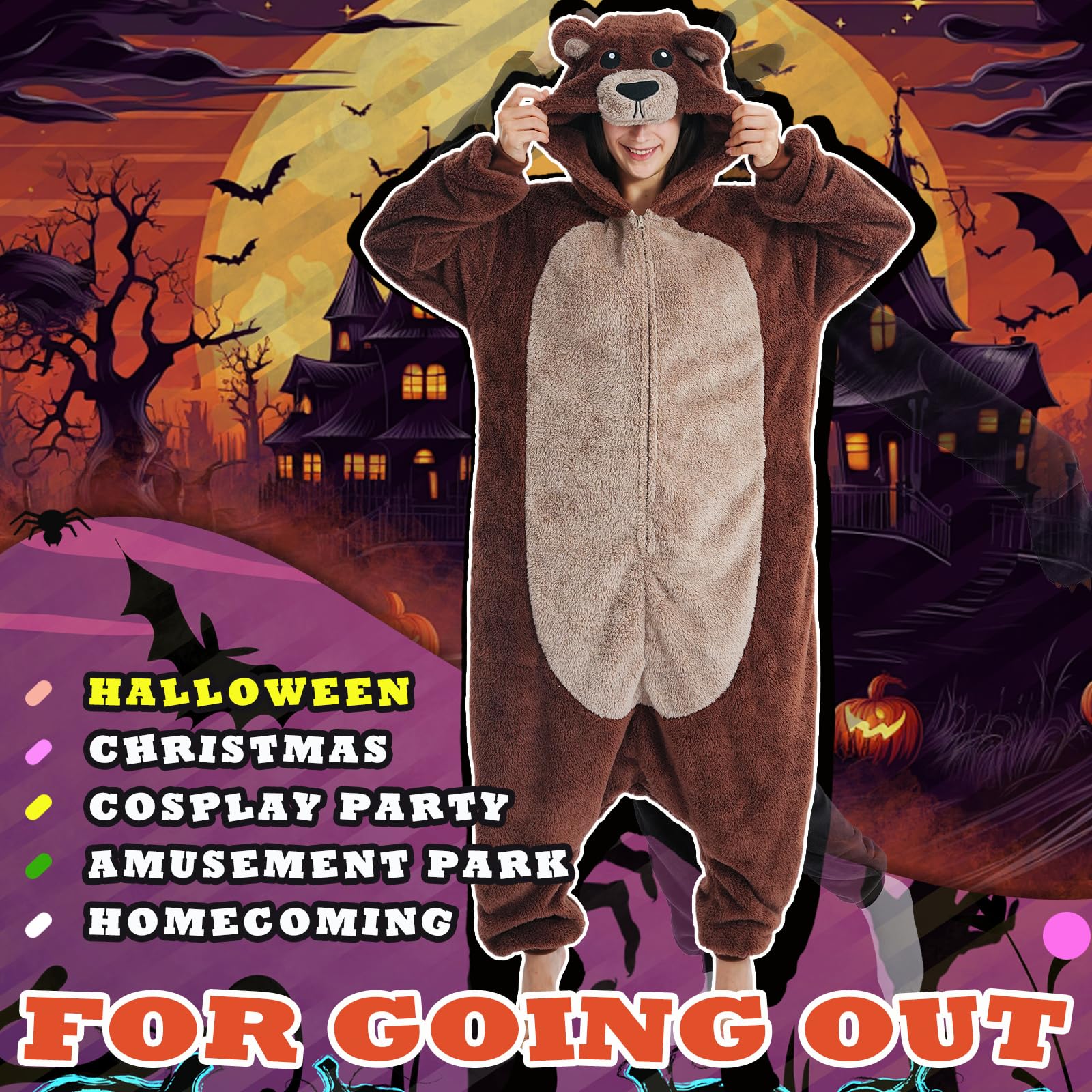 Beauty Shine Unisex Adult Onesie One Piece Pajamas Cosplay Cartoon Costume Halloween Christmas Sleepwear Jumpsuit Homewear: Small Brown Bear-1