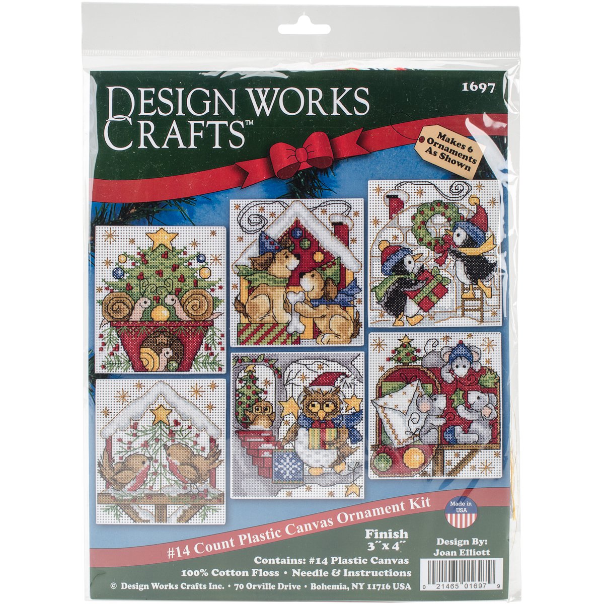 Design Works Home for Christmas Cross Stitch Ornament Kit, Cotton, 8.9 x 10.2 cm, 14 Pieces, 6 Pieces, 3-1/2" x 4"