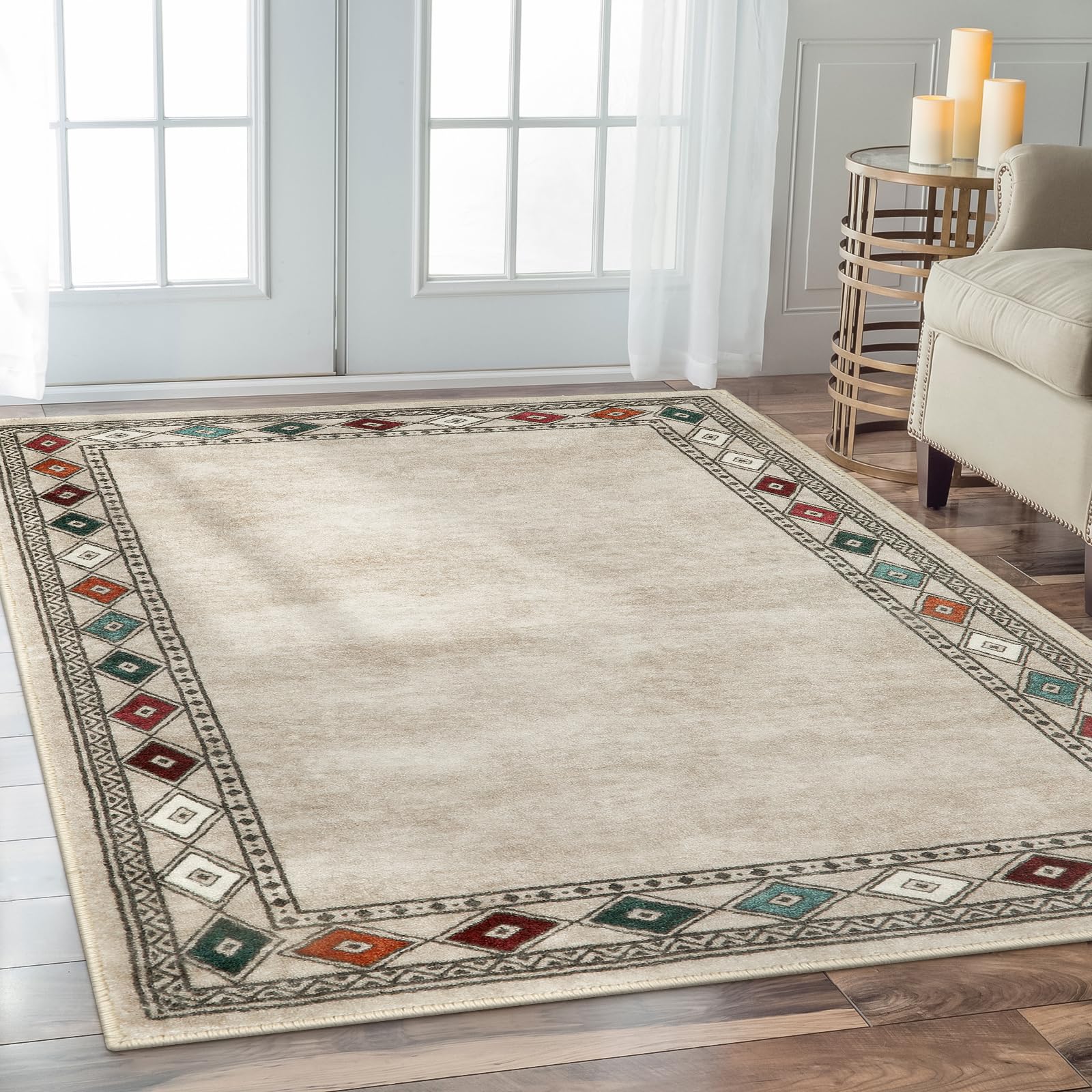 Lahome Modern Bordered Washable 5x7 Area Rugs, Non Slip Living Room Rugs Ultra-Thin Soft Beige Bedroom Rug, Stain Resistant Geometric Accent Rug Carpet for Dining Room Kitchen Office(5'x 7', Beige)