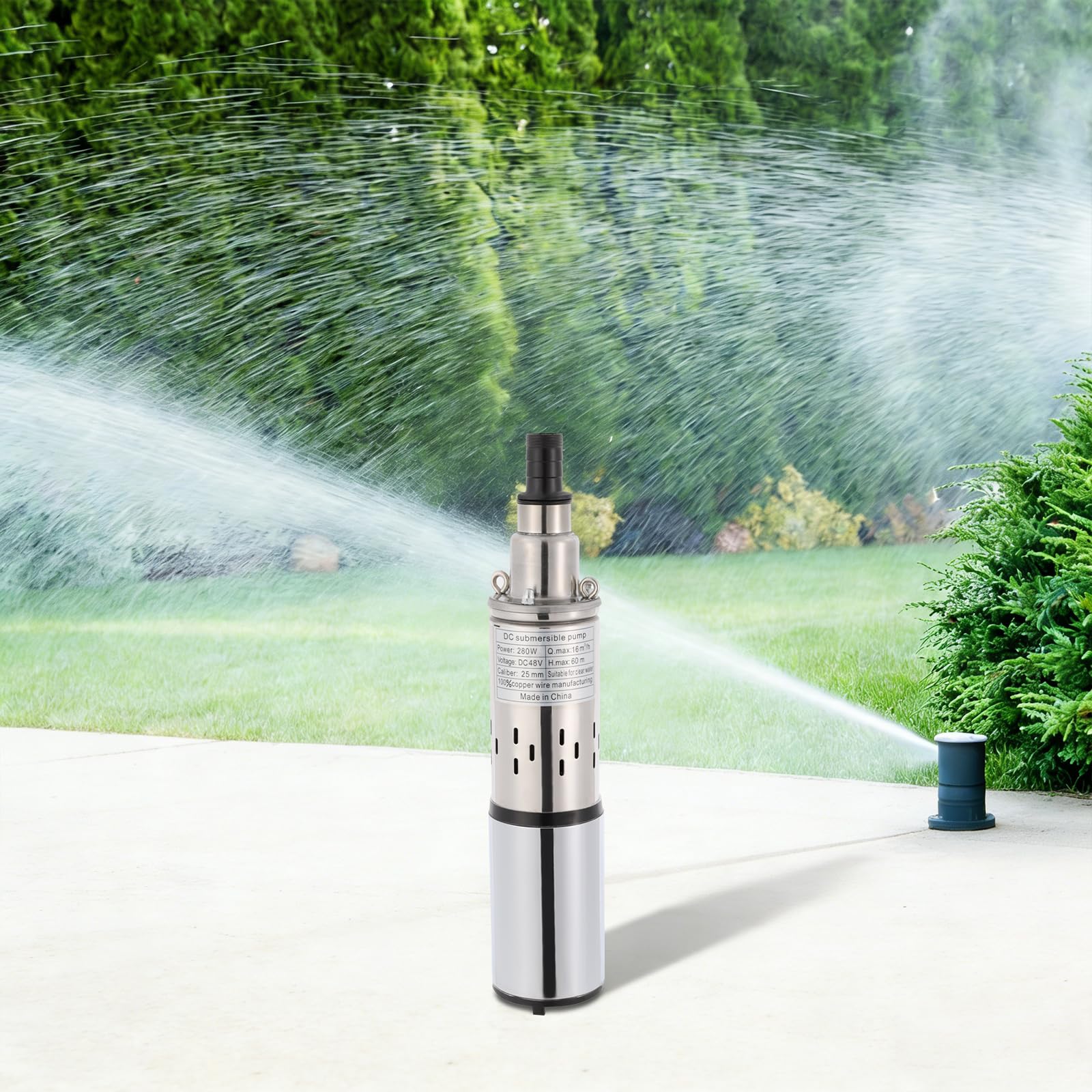 Bomba de Agua Sumergible Pozo 280 W 48 V DC, Bomba Solar para Pozos Profundos, bomba sumergible de acero inoxidable, Flujo 16L / 4.23gal / min, Diámetro de salida 25 mm