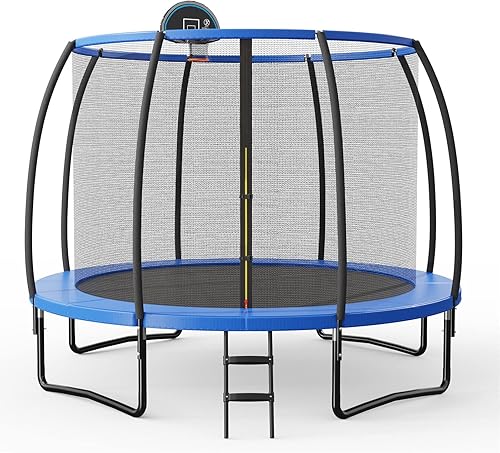 Giantex Trampolín con aro de baloncesto, 8, 10, 12 pies, aprobado por ASTM para todo tipo de clima, cama elástica grande con red, escalera, cama