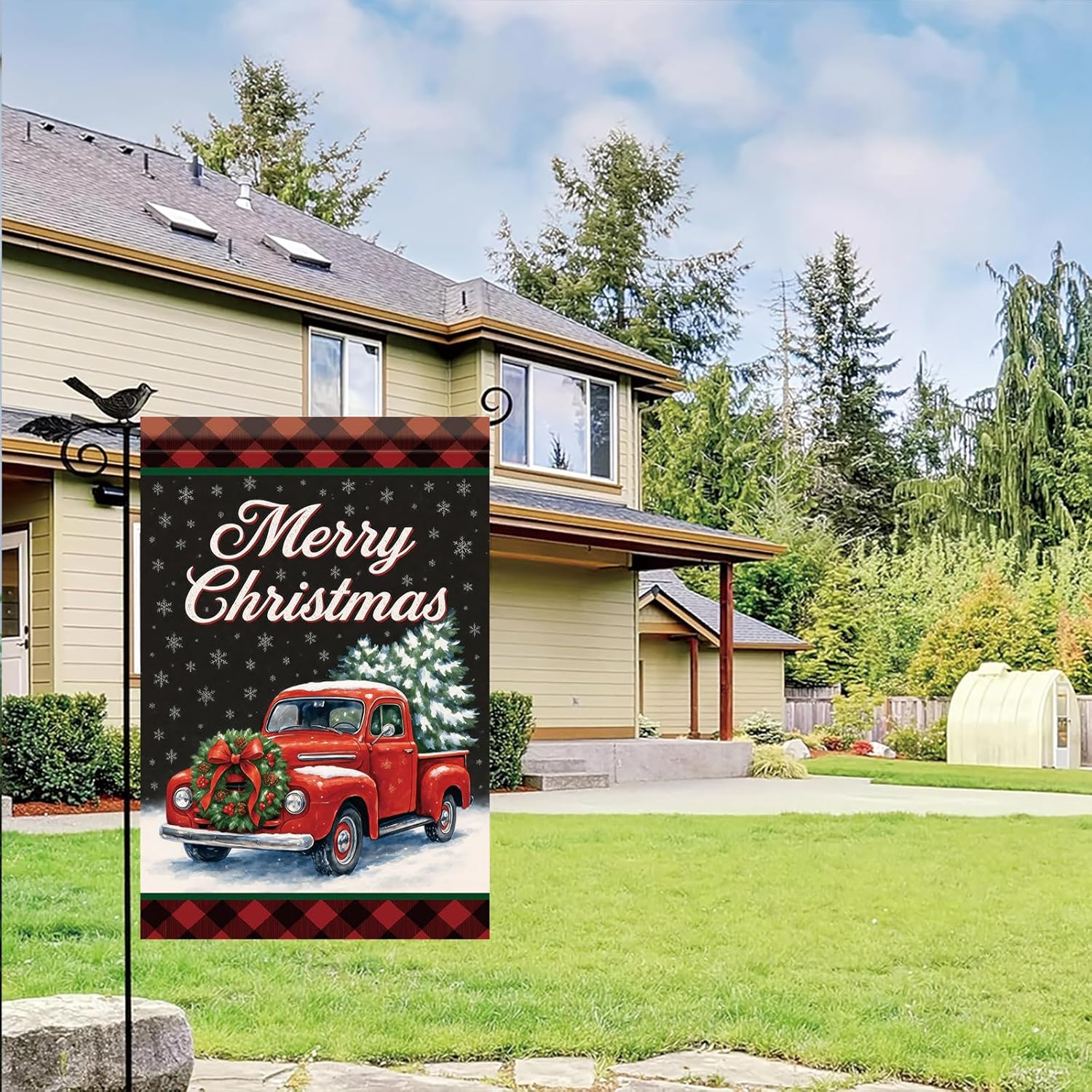 Christmas Garden Flag Red Vintage Truck Pine Tree Wreath 12x18 Inch Double Sided Outdoor Yard Banner for Winter Holiday Snow Scene Merry Christmas Small Decoration Decor - Image 6