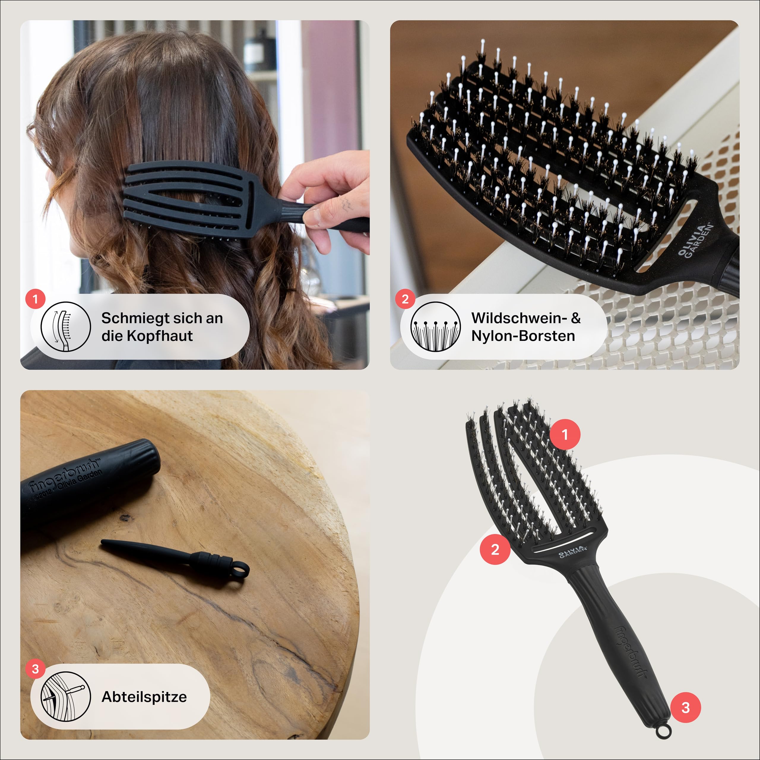 Olivia Garden Ionen-Haarbürste Fingerbrush Combo mittel, 6-reihig, zum Föhnen, Glätten und Pflegen mittellanger und langer Haare, Wildschweinborsten und antistatische Nylonborsten, sanfte Kopfmassage