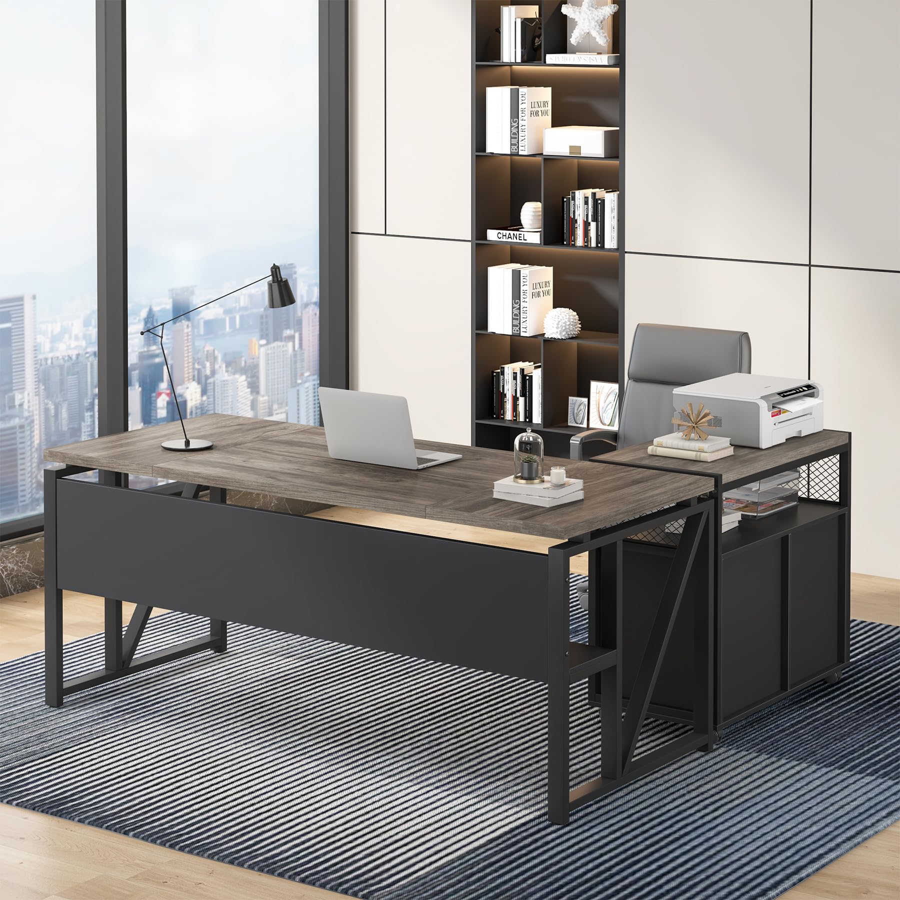 Tribesigns 63" Executive Desk with Reversible File Cabinet, Large L-Shaped Office Desk with Drawers, Business Furniture Workstation for Home Office (