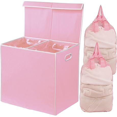 Simple Houseware Pink Double Laundry Hamper with Lid and Detachable Laundry Bags