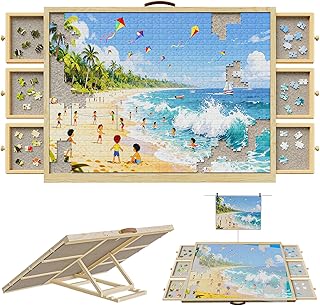 1500 Pcs Puzzle Board with 6 Drawers & Cover, Wooden Puzzle Table with Non-Slip Felt，Portable Jigsaw Wood Table with Handle 35"x26.1"