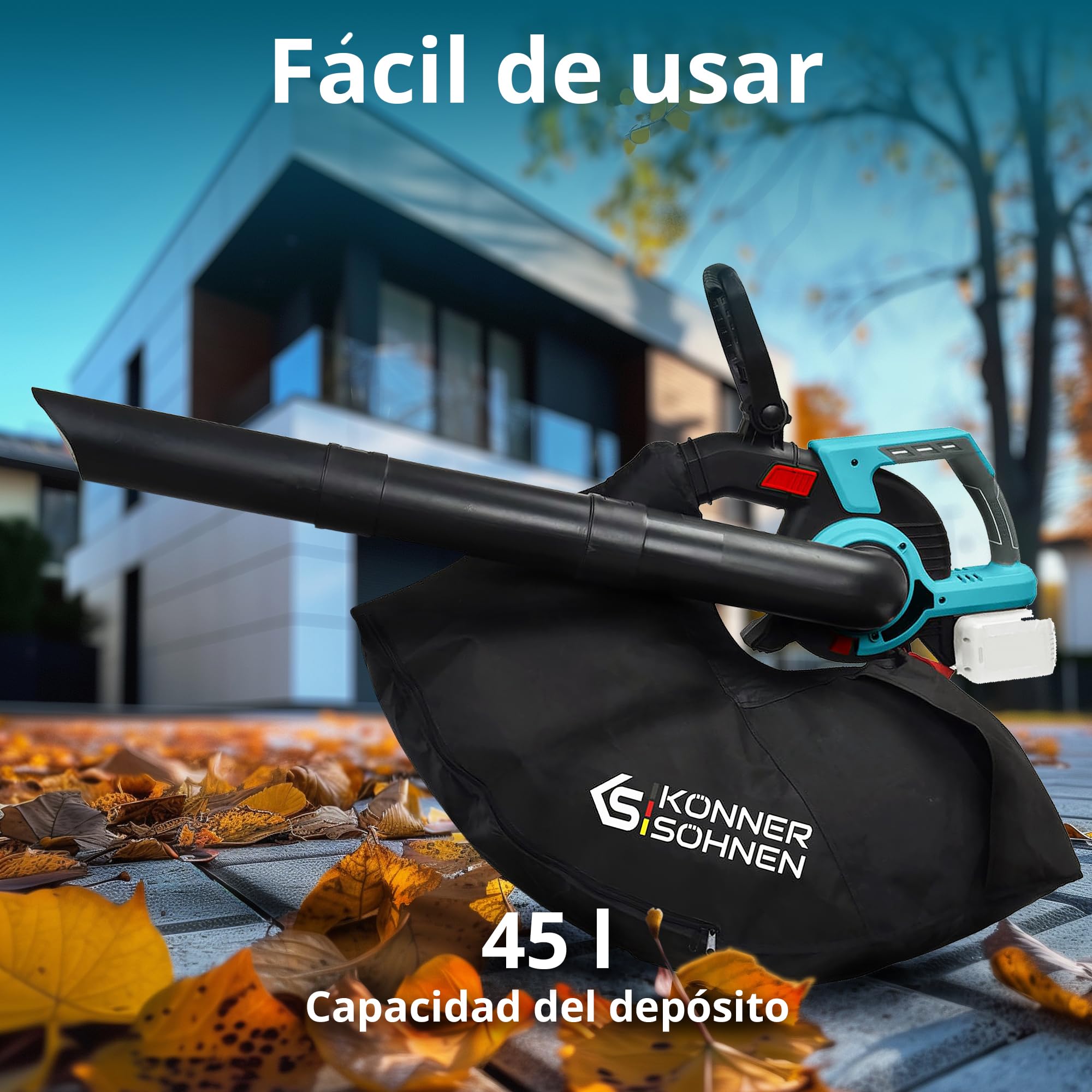 K&S Könner&Söhnen Aspirador de jardín sin cable con función de trituración de hojas KS LBV-40V, tensión nominal 40 (20+20) V, velocidad de ralentí 1630 rpm, volumen de la bolsa aspiradora 45 l, 4 velo