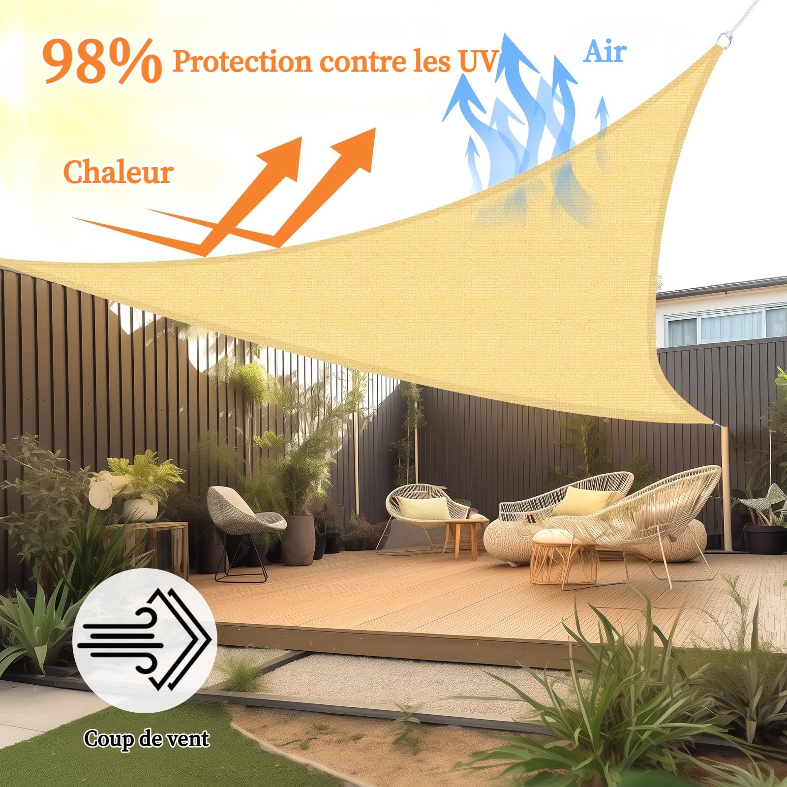 Shade&Beyond Voile d'ombrage Triangulaire, 7x7x9.9m HDPE Respirant avec Protection UV (UPF 50+), Toile Ombrage Exterieur pour Patio Jardin Terrasse, Sable