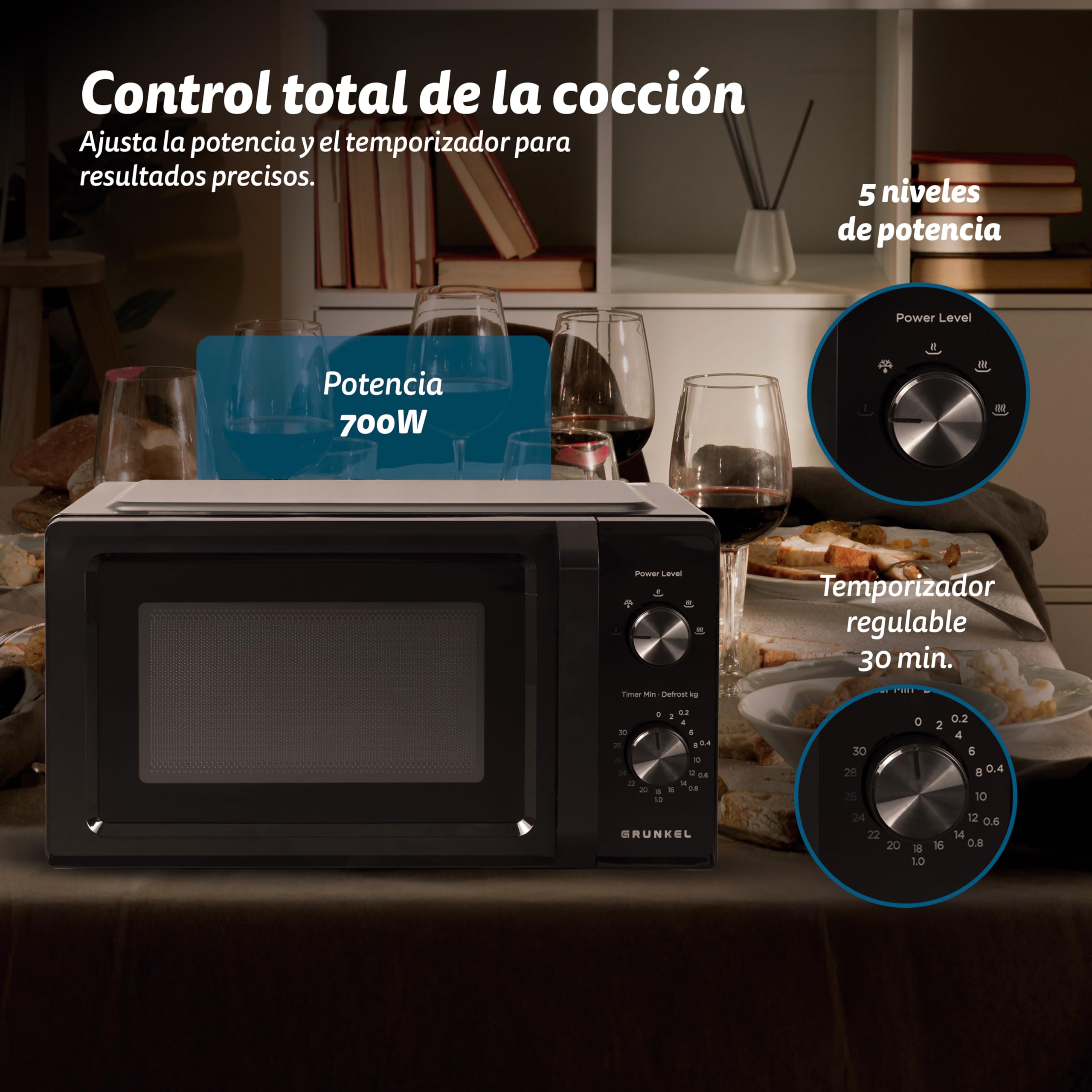 Microondas Grunkel sin grill de 700w MW-20MN con 5 niveles de potencia, descongelacion 20 litros de capacidad y plato de 24,5cm.