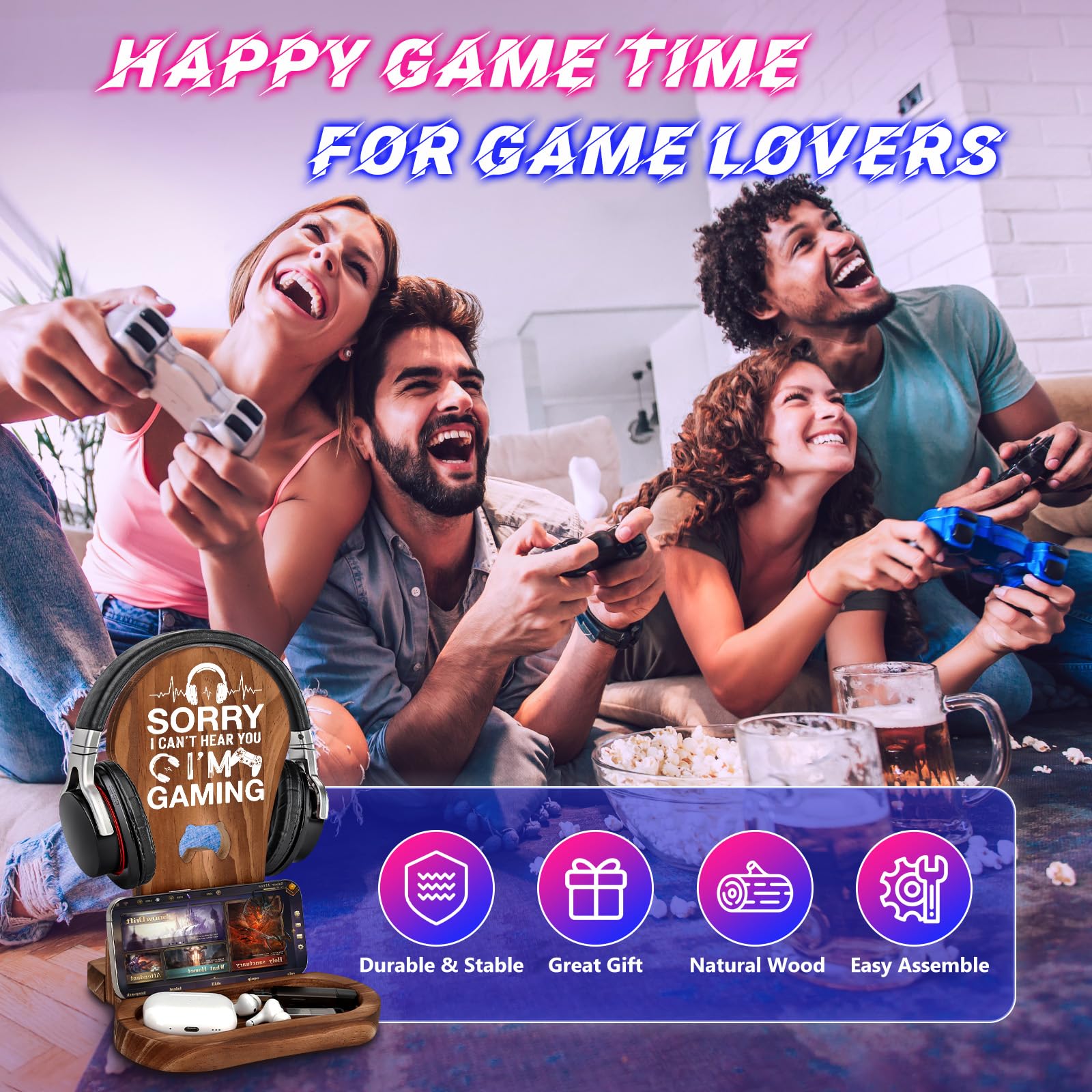 CryCarrot Regalos para jugadores para adolescentes y hombres, soporte de madera para auriculares y decoración de sala de juegos, con texto en inglés "Sorry I Can't Hear You I'm Gaming"