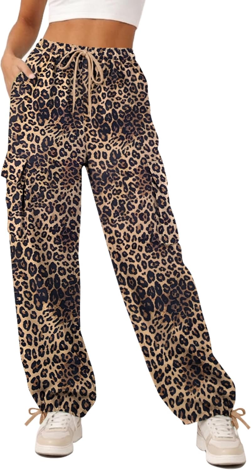 Women's Camo Cargo Pants Wide Leg Trousers Baggy Y2K High Waist Pants with Drawstring Pockets Streetwear