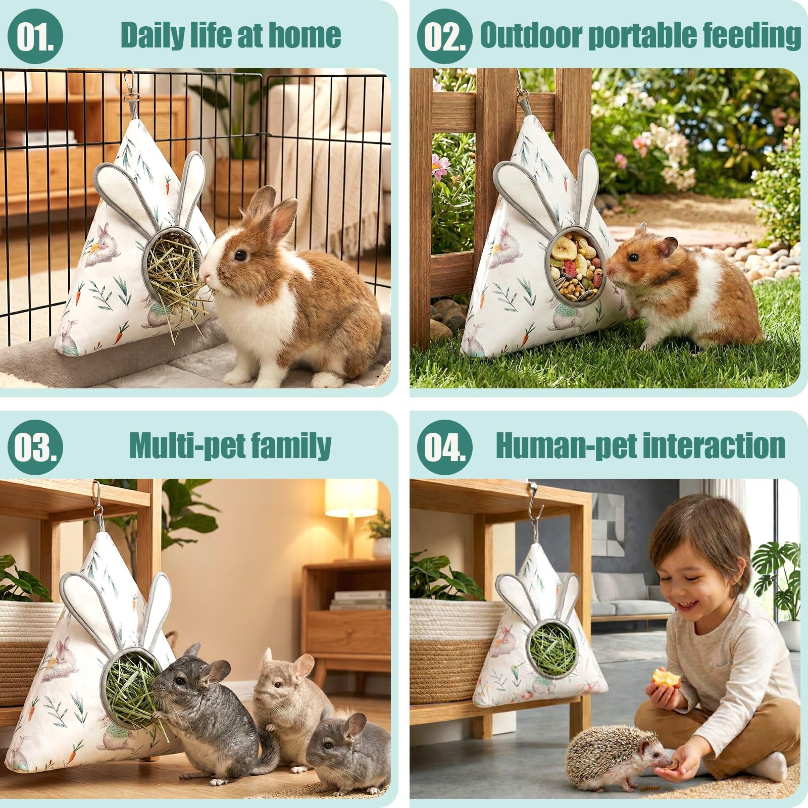 Soft Cotton Bunny Hay Feeder Bag, Cute Triangle Rabbit Hay Holder with 3D Ears, Hanging Hay Dispenser for Guinea Pigs, Chinchillas & Small Pets, Breathable & Washable Cage Accessories - image 4