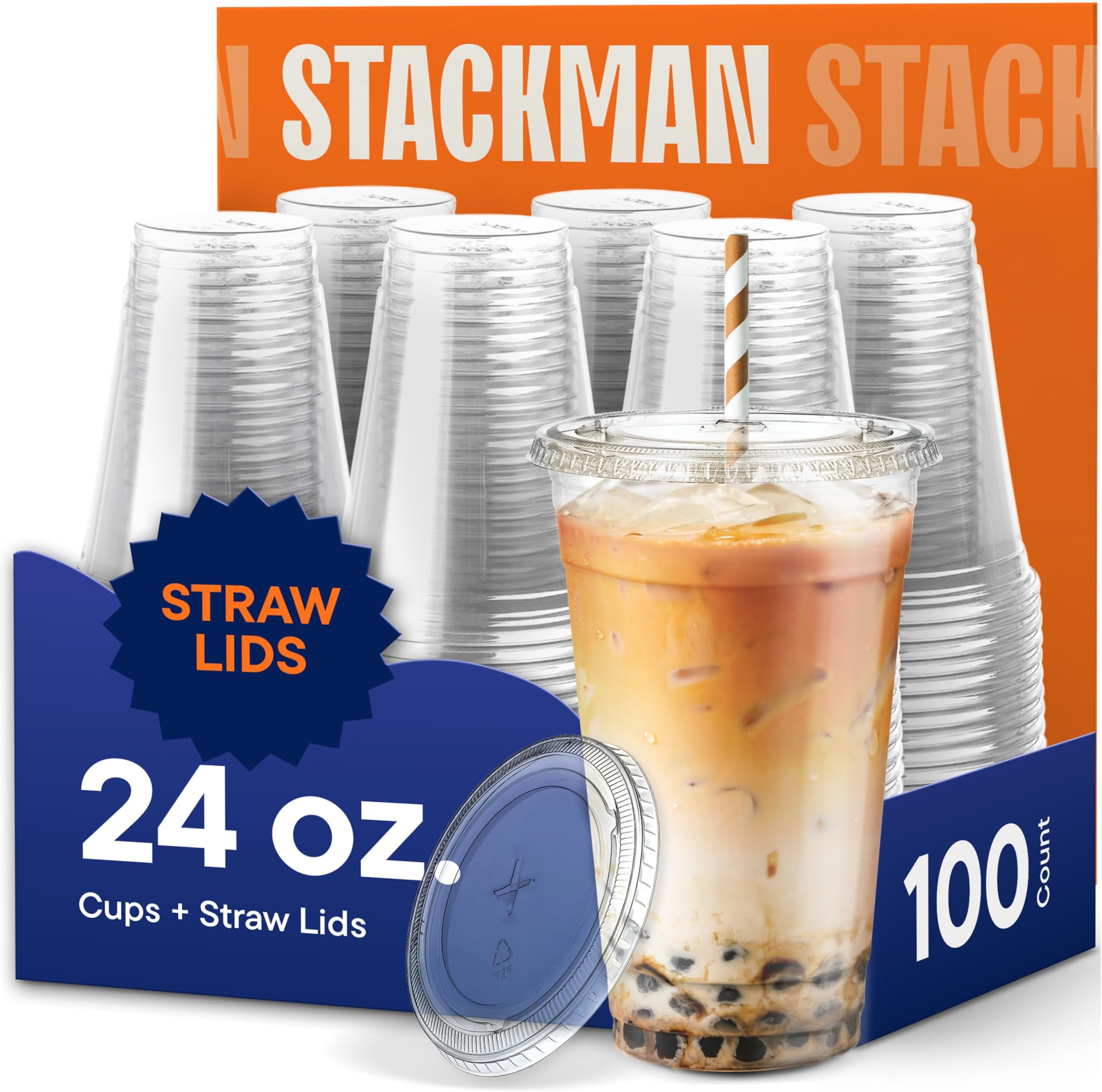 Stack Man [100 Sets - 24 oz.] Clear Plastic Cups with Straw Slot Lid, PET Crystal Clear Disposable 24oz Plastic Cups with lids