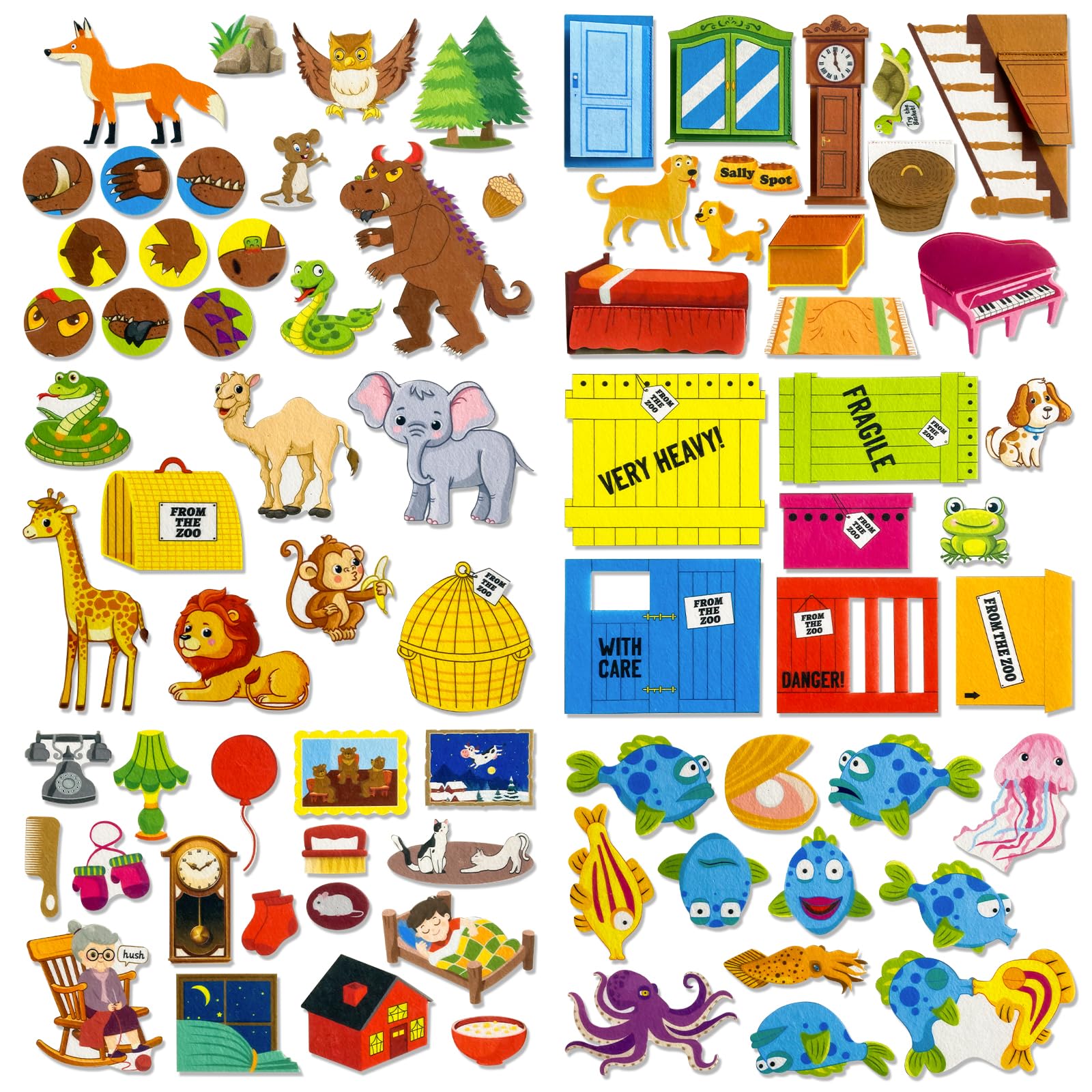 PENGFULL 5 Sets (75P) Felt Board Stories Pieces,Tell Five Picture Books Stories(Goodnight Moon,Dear Zoo), for Felt Fannel Board,for Preschool, Kindergarten,Family Time