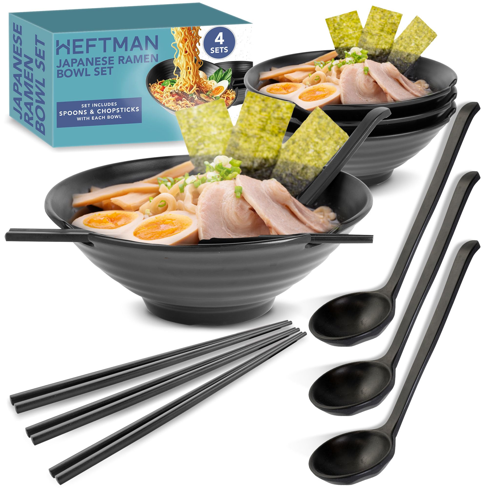 HEFTMAN Japanese Ramen Bowl Set of 4 (Black) 1000ml Ramen Bowls