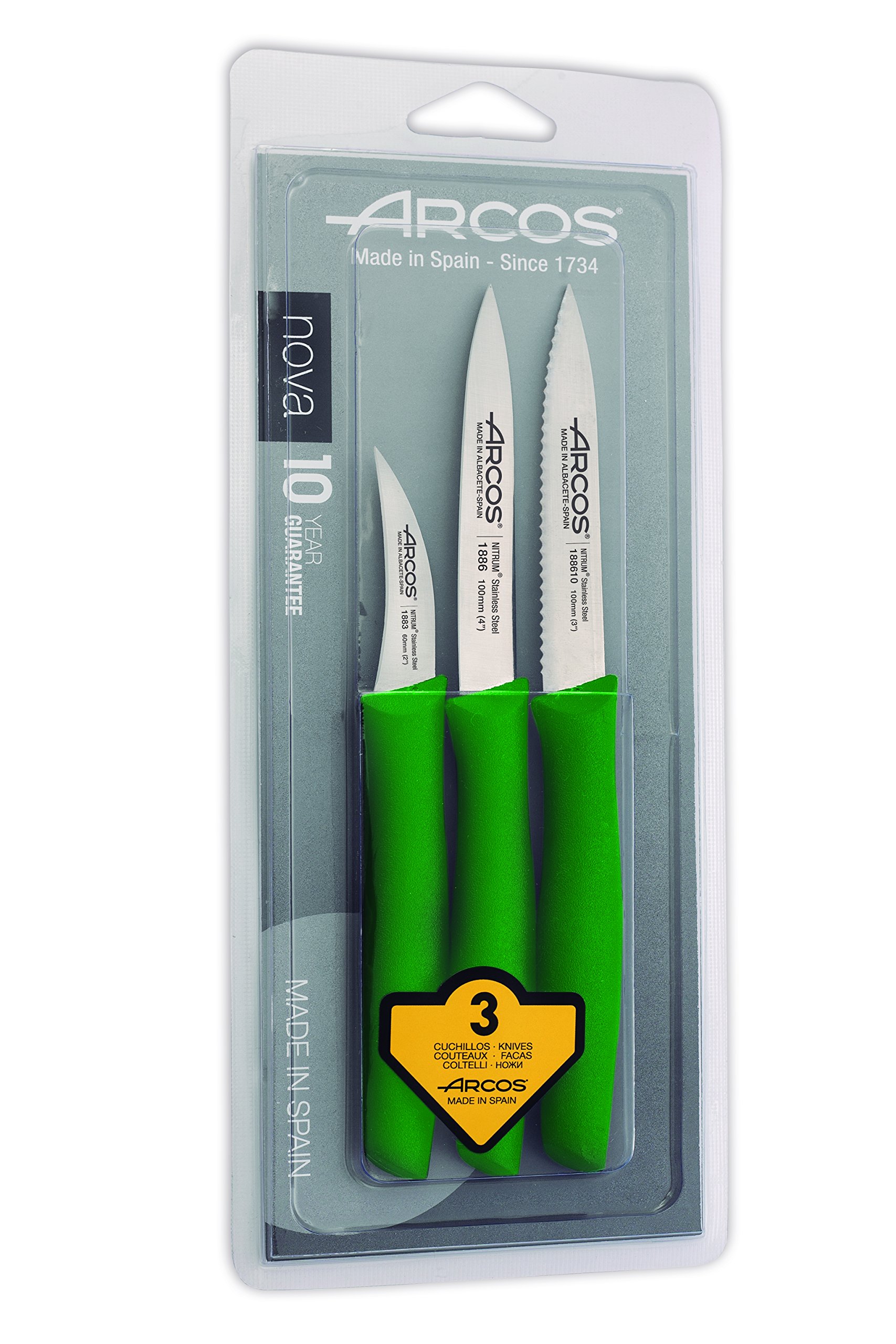 Arcos3 Pieces Paring Knife Set. 3 Peeling Knives of Stainless Steel and Ergonomic Polypropylene Handle for Cutting Fruits, Vegetables and Tubers. Series Nova. Color Green
