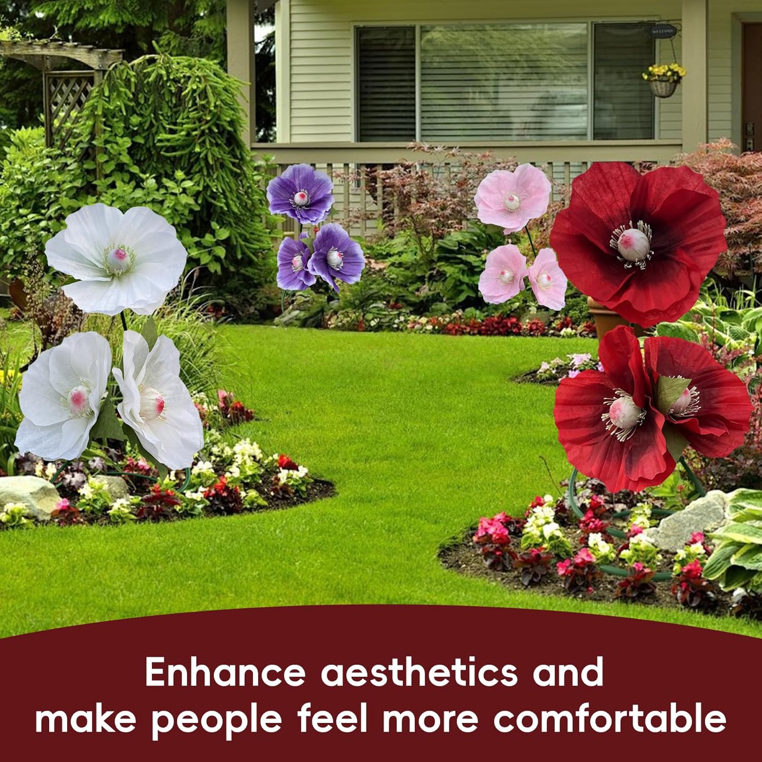 Giant Red Poppy Artificial Flowers - 3 Realistic Large Fake Flowers Decorations with Adjustable Stand,3.2Ft Giant Crepe Paper Flowers for Garden,Courtyard,Home, Party,Shop Window Display Decorations