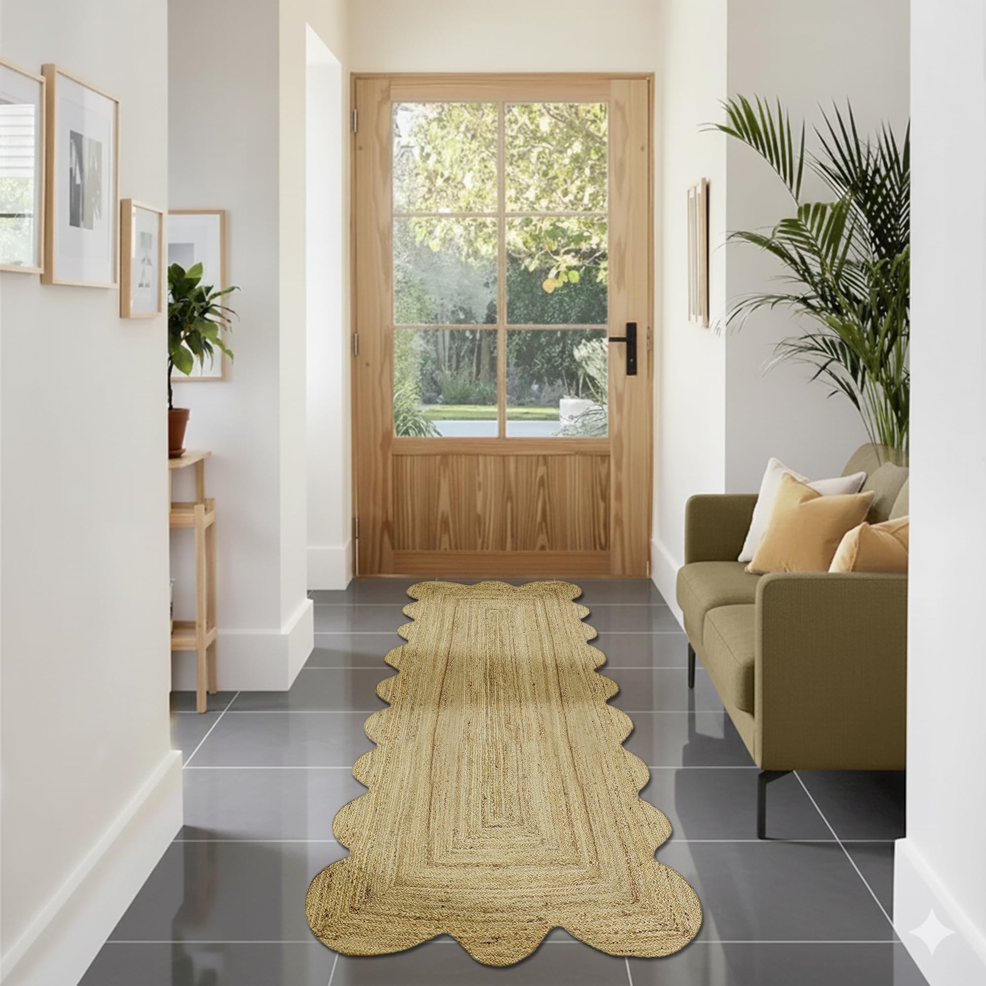 Scalloped Kilim Runner 2x6 Jute Runner Solid Beige Pattern Natural Jute 0.27" Thick Handwoven Flatweave Carpet for Indoor Outdoor Use – Ideal for