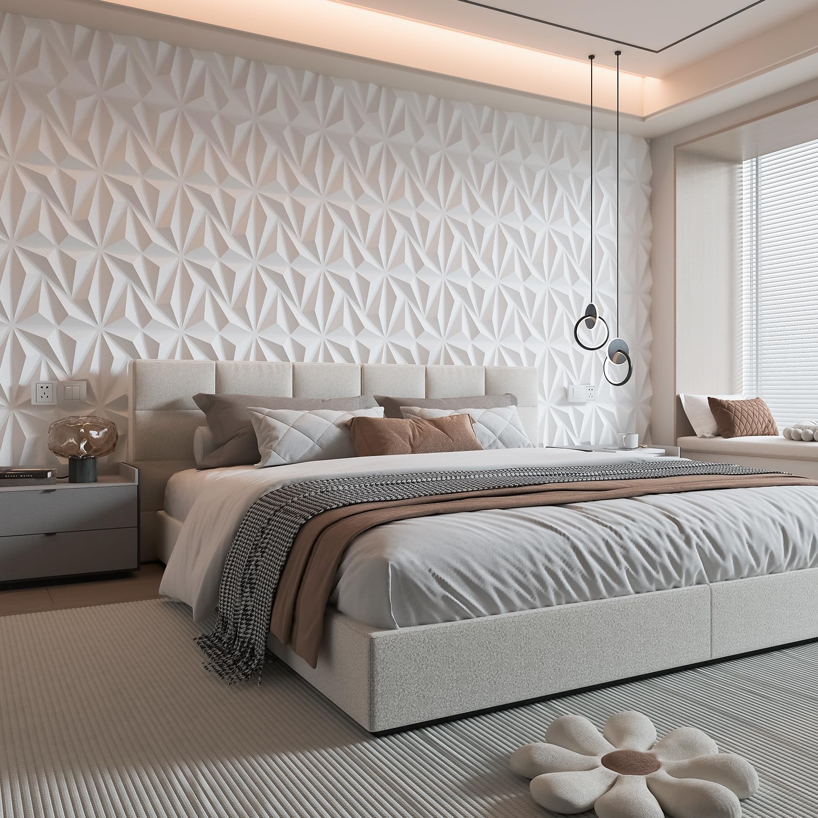 Art3d 3D paneles de pared decoración de interiores de pared con cinta adhesiva de PVC diamante para sala de estar vestíbulo dormitorio hotel oficina 30 x 30 cm 50 piezas Blanco