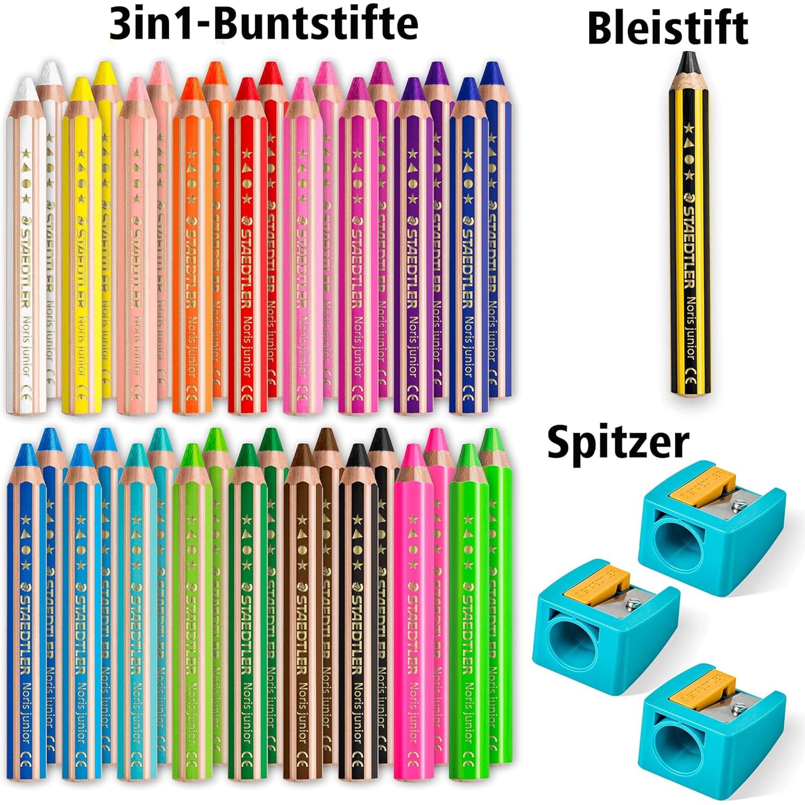 STAEDTLER 3in1 Buntstifte und Kinder Bleistift Noris junior, Bunt- Wachsmal- und Aquarellstift, sehr dicke Mine, extra bruchsicher, ideal für Kinder, 36 Stifte, 3 Spitzer und Bleistift, 140 C36P1X