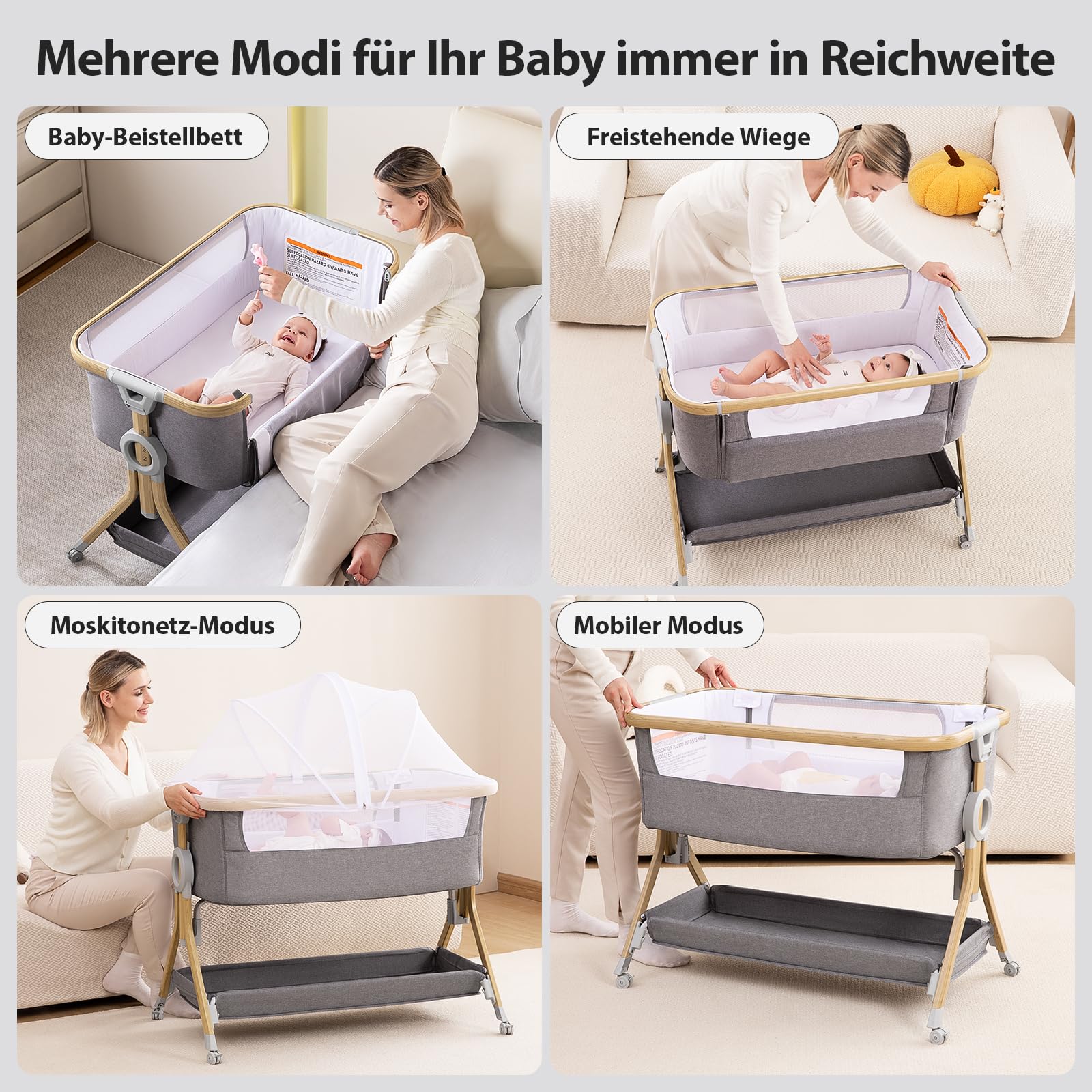 Larex Beistellbett Baby,3 in 1 Babybett mit Moskitonetz,Aufbewahrungstasche & Korb,5-stufig Höhenverstellbares Babybett,4 Räder mit Bremse,atmungsfreundliche Matratze & Mesh (Dunkelgrau)