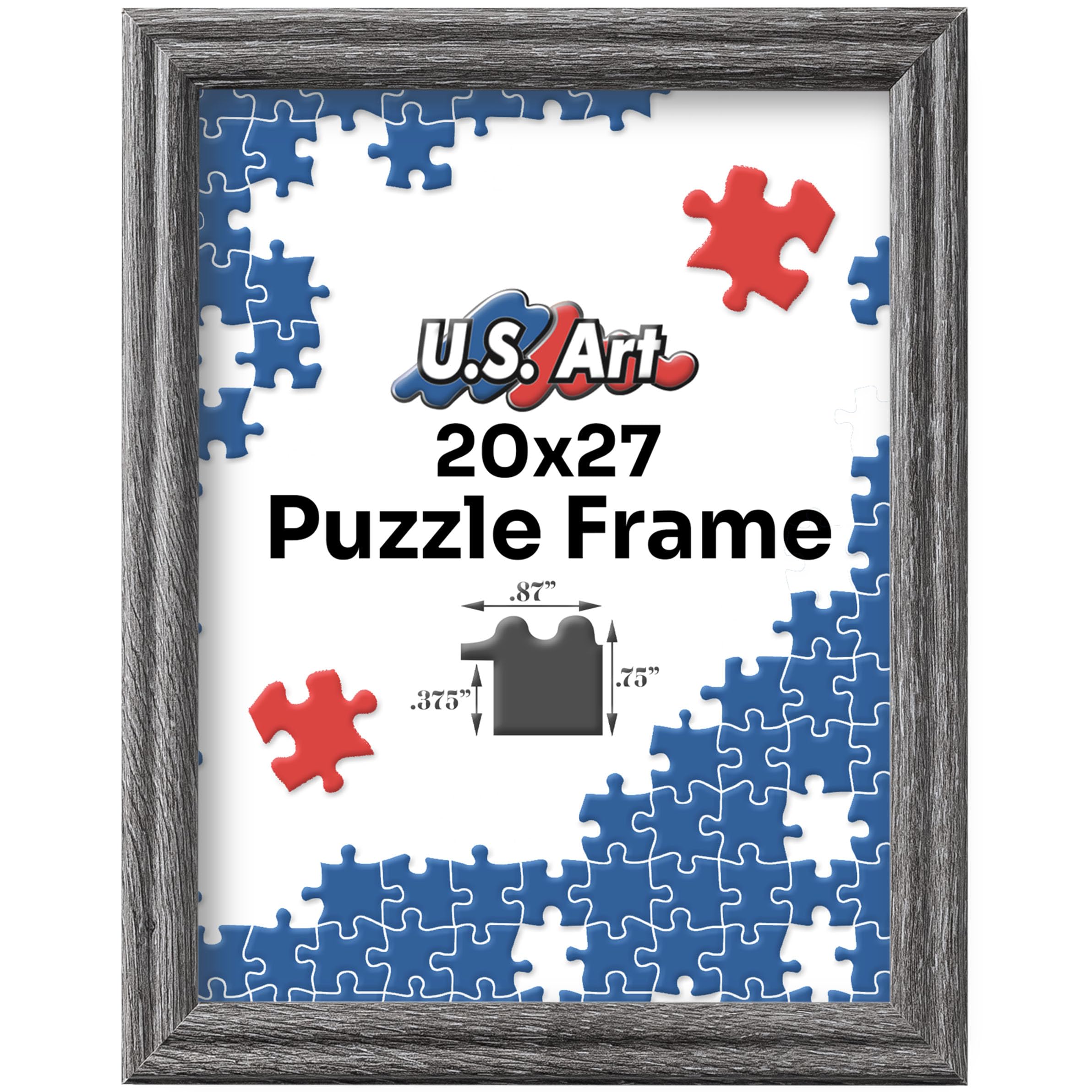 US Art 20x27 Barnwood Gray Puzzle Frame .75" Inch Wide - Handmade Solid Wood Picture Frames with Preinstalled Hangers and UV Blocking Plexiglass