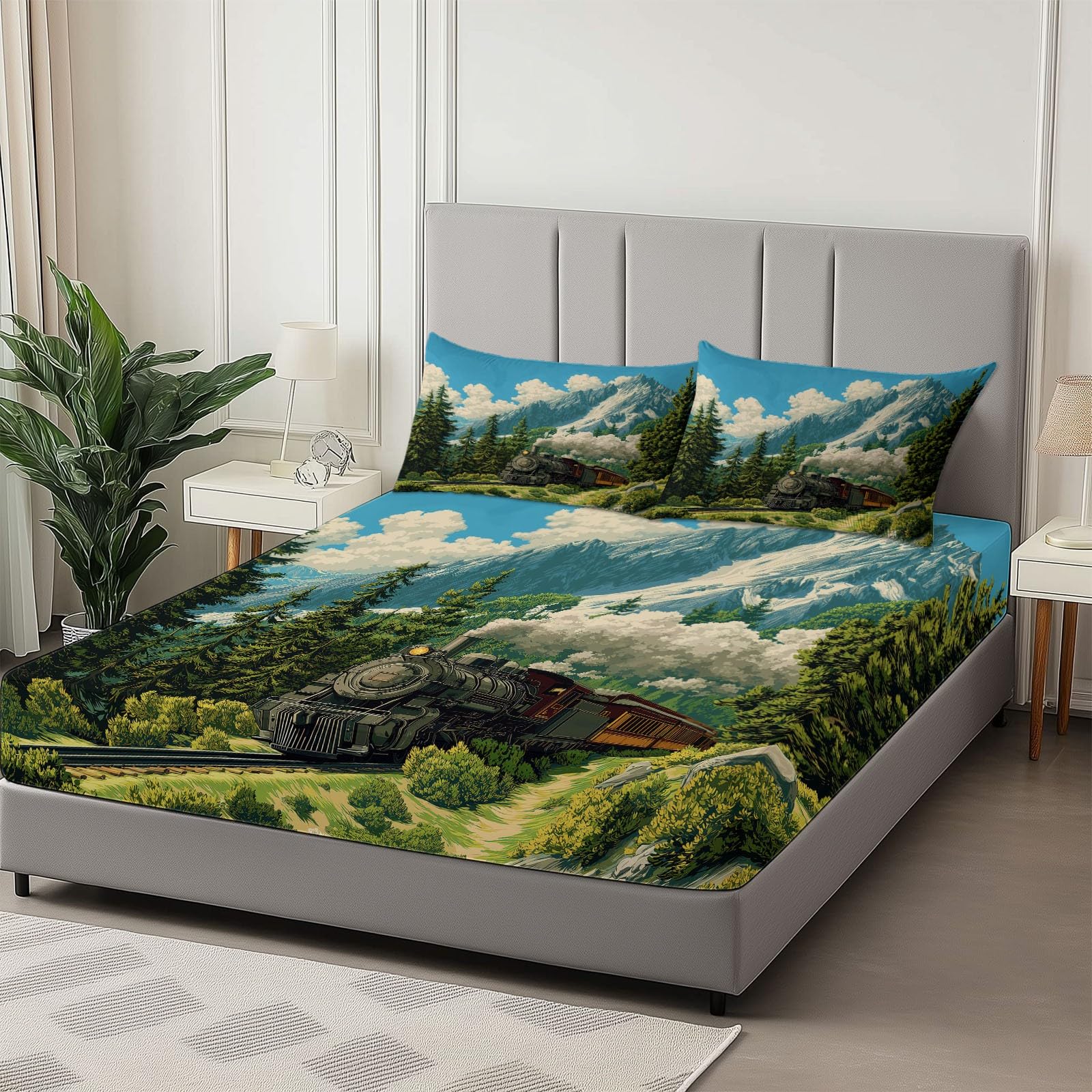 200 x 200 cm Drap Housse Microfibre, Montagnes Trains Forêts Imprimé Parure De Lit Doux Élastique Drap Housse 30 cm Profonde pour Matelas Epais - sans Plis - Convient à Toutes Les Saisons, Bleu Vert