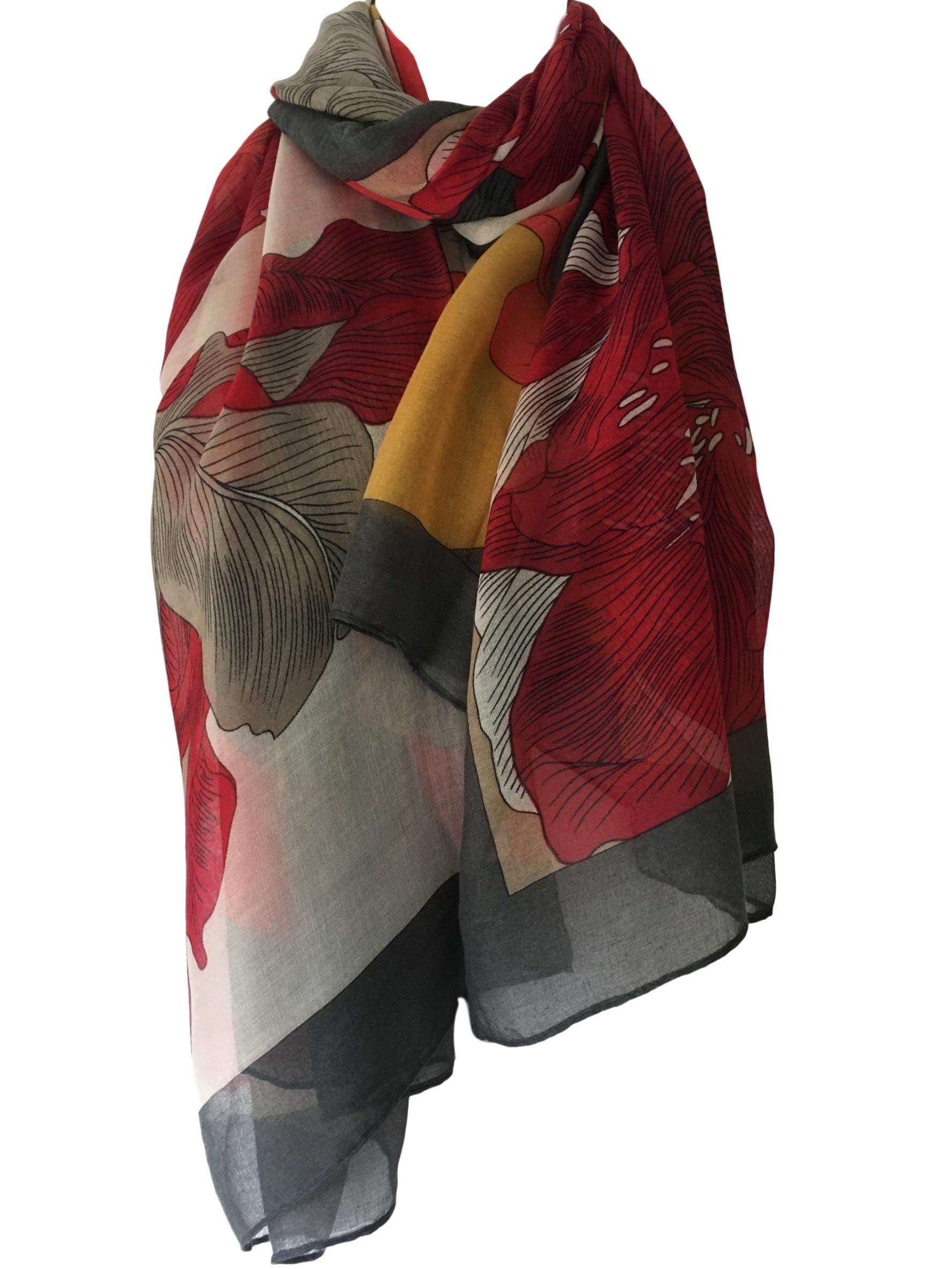 Purple Possum Women's Grey, Red, Mustard Purple Possum® Scarf Red Grey Yellow Beige Floral Wrap Flowers Print Large Shawl