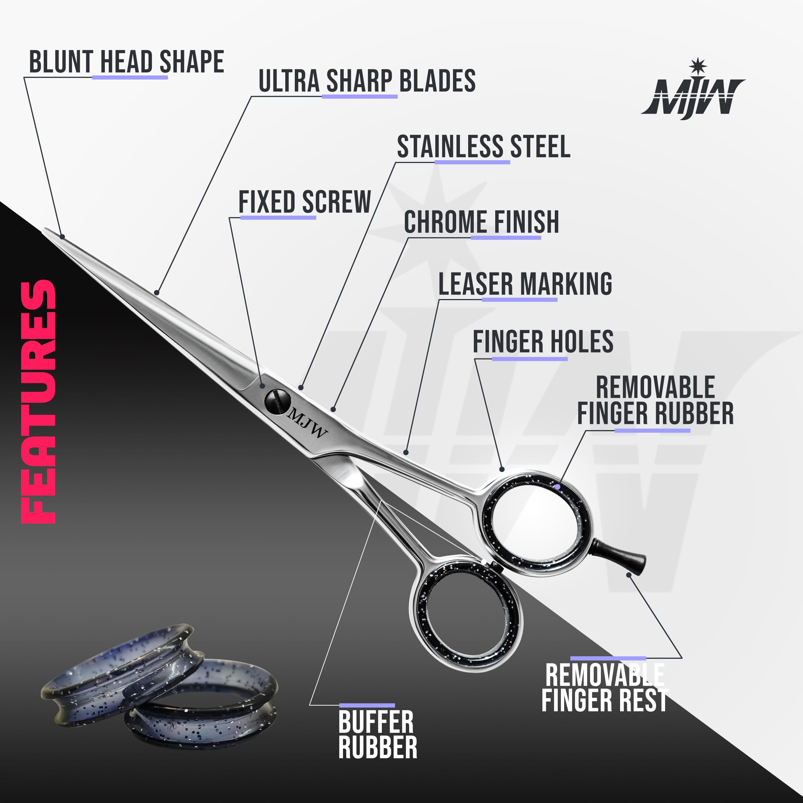 MJW Professional Hairdressing Scissors, 6.5” Stainless Steel Hair Cutting Barber Shears for Salons and Home Ideal Mustaches - Image 3