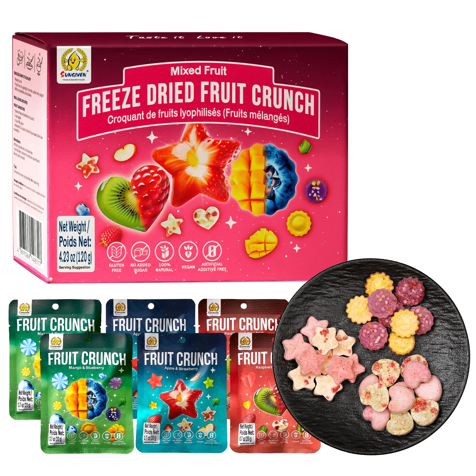 SUNGIVEN Freeze Dried Fruit Crisps Crunch Mixed Fruit 6 Packs Gluten Free Made with Fruit Vegan Healthy Snacks Ready to Eat for Yogurt Dessert