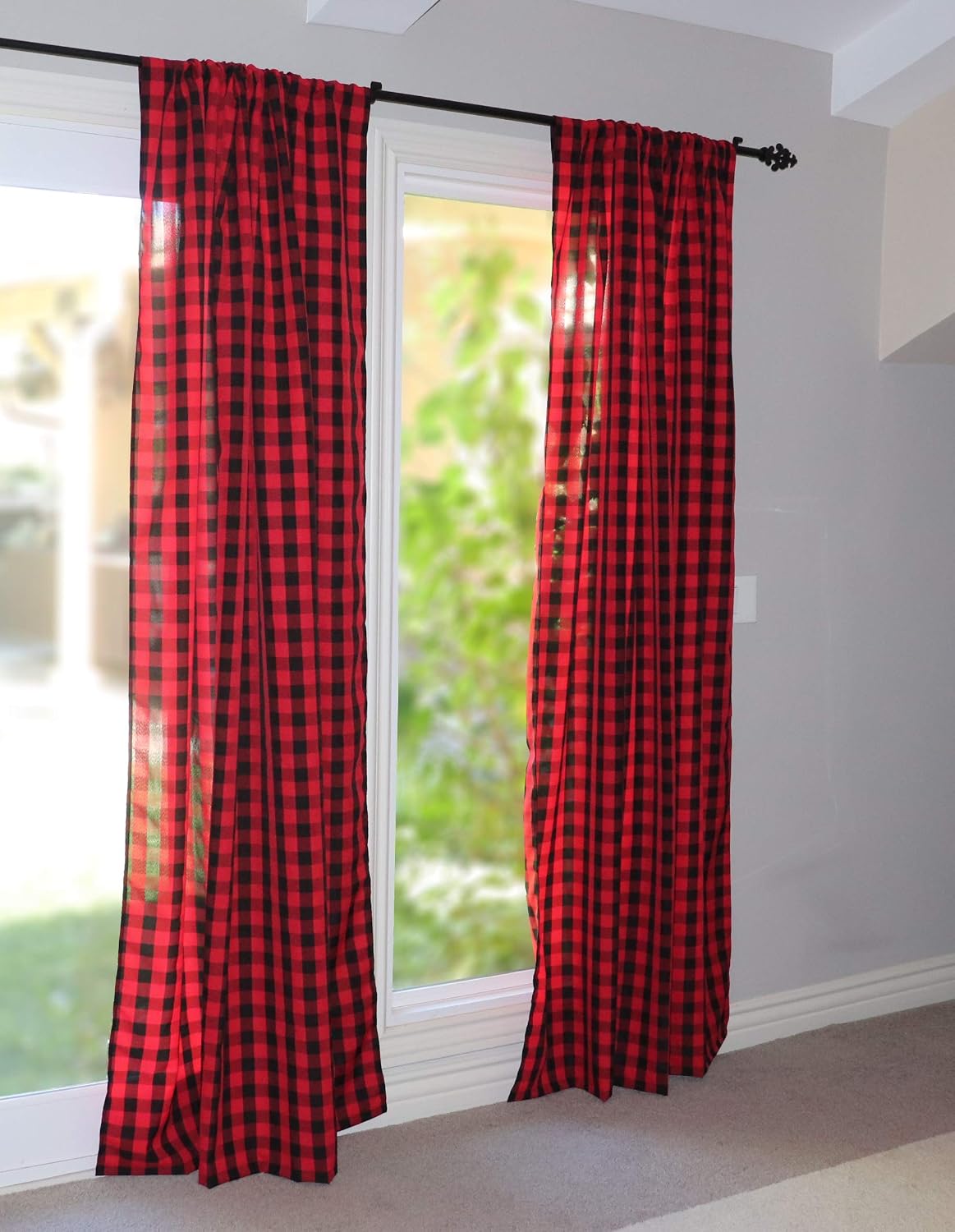 lovemyfabric Gingham/Checkered 100% Polyester Curtain Window Treatment/Decor Panel-Black and Red (2, 56" x 36")