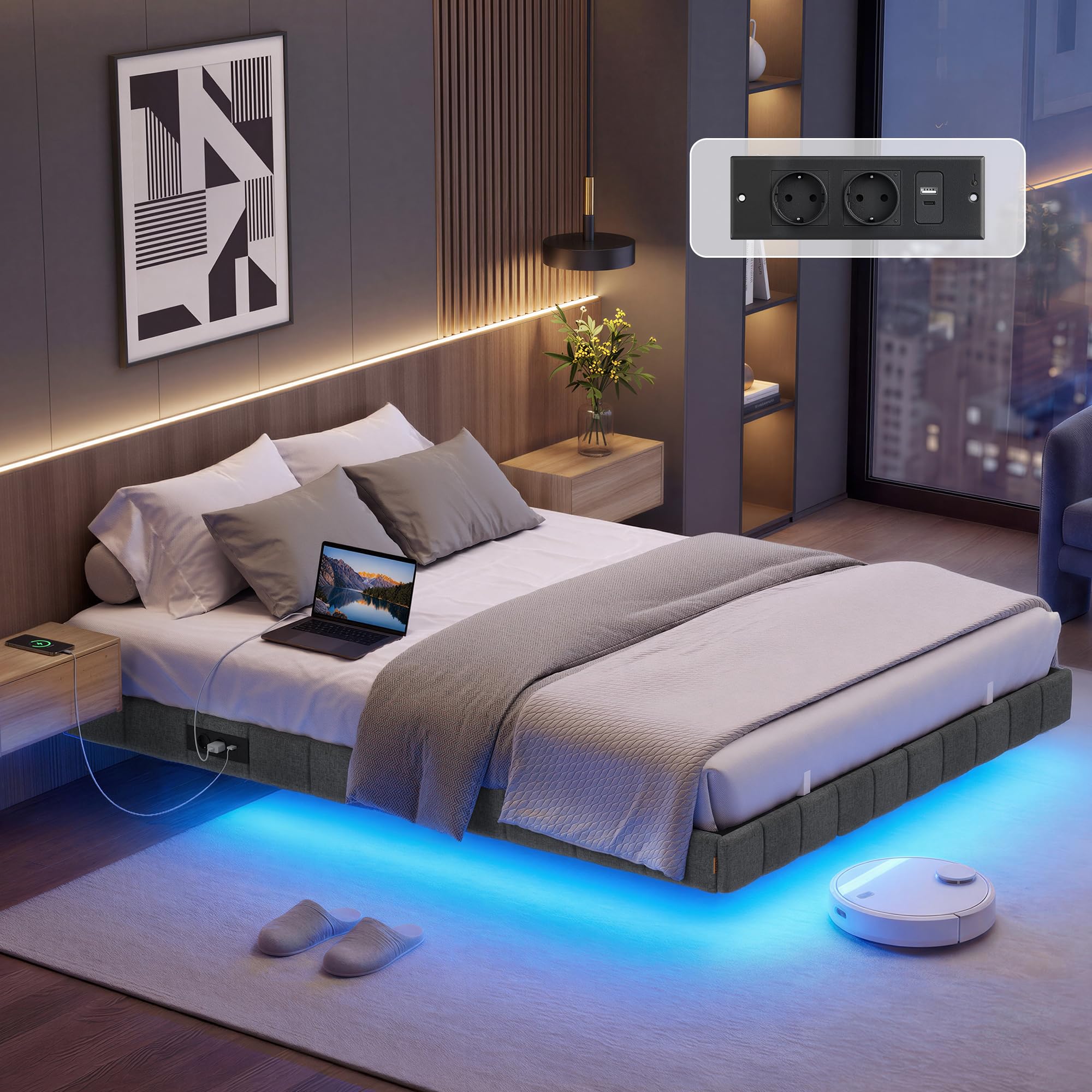VASAGLE Bettgestell 140 x 200 cm, schwebender Effekt, LED-Beleuchtung, gepolsterte Seitenwände, 2 AC-Steckdosen, 2 USB-A-Anschlüsse, 1 USB-C-Anschluss, bis 500 kg belastbar, schiefergrau RMB164G101