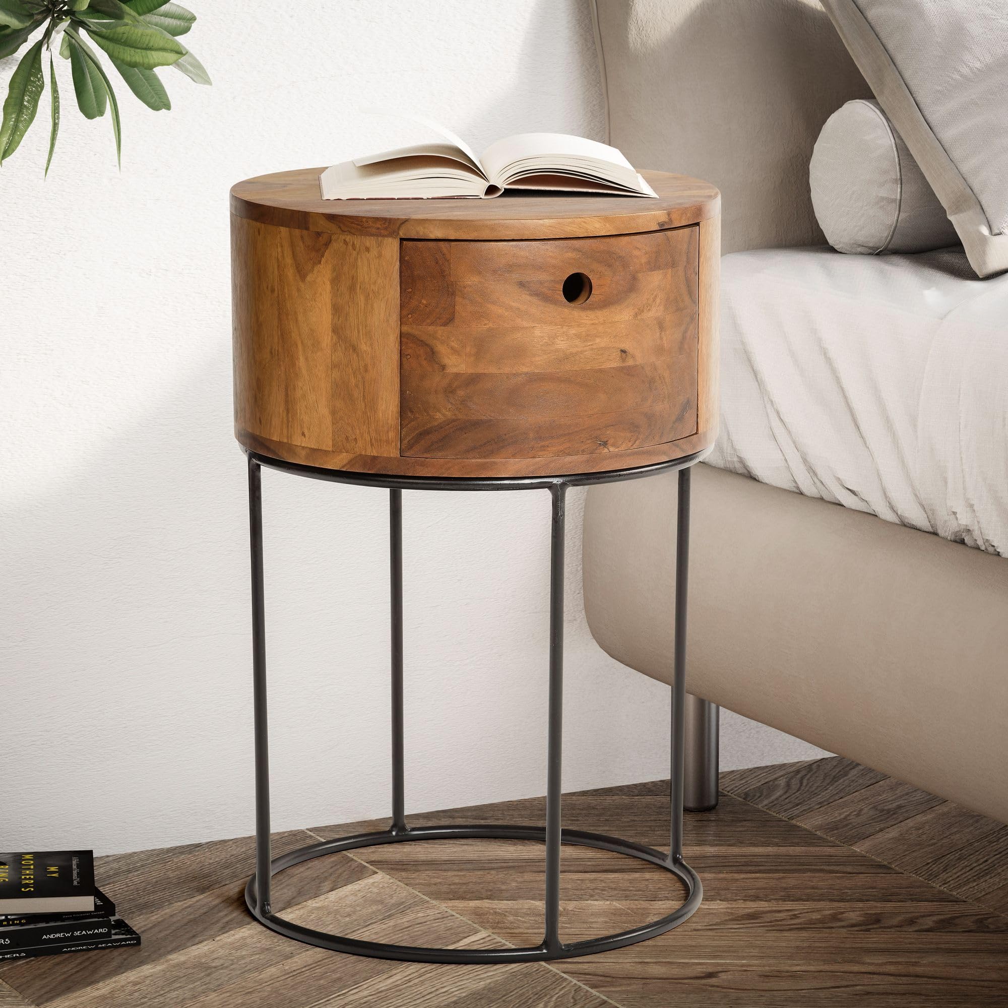 FineBuy Table de Chevet Ronde 40x40x60 cm Bois Massif Sheesham, Tiroir