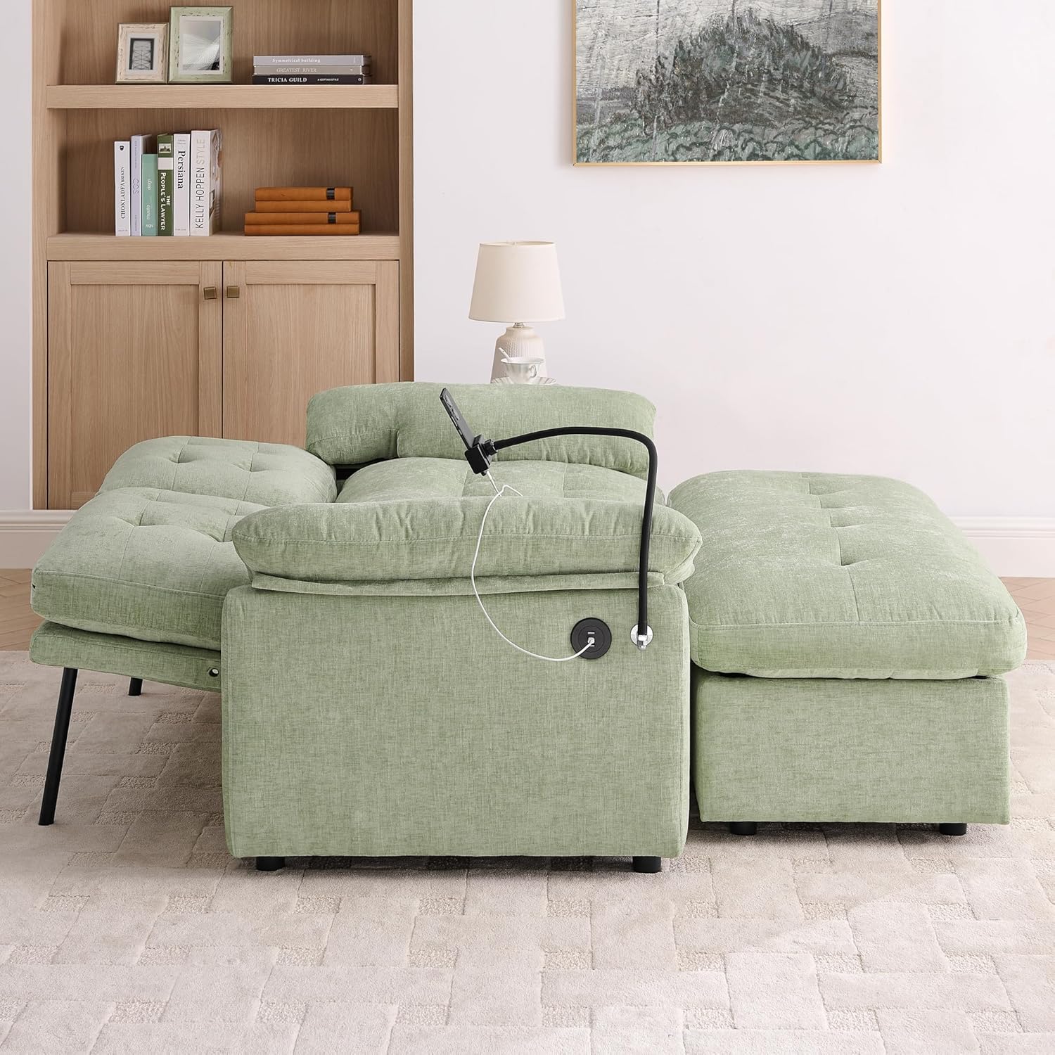 Eafurn Loveseat Sleeper Chair with Storage Ottoman, Adjustable Recliner Sofa with Side USB Charging Port & 360° Phone Stand, Tufted Fabric Reading Chair with Padded Armrests | Breathable material, Pillow Armrest