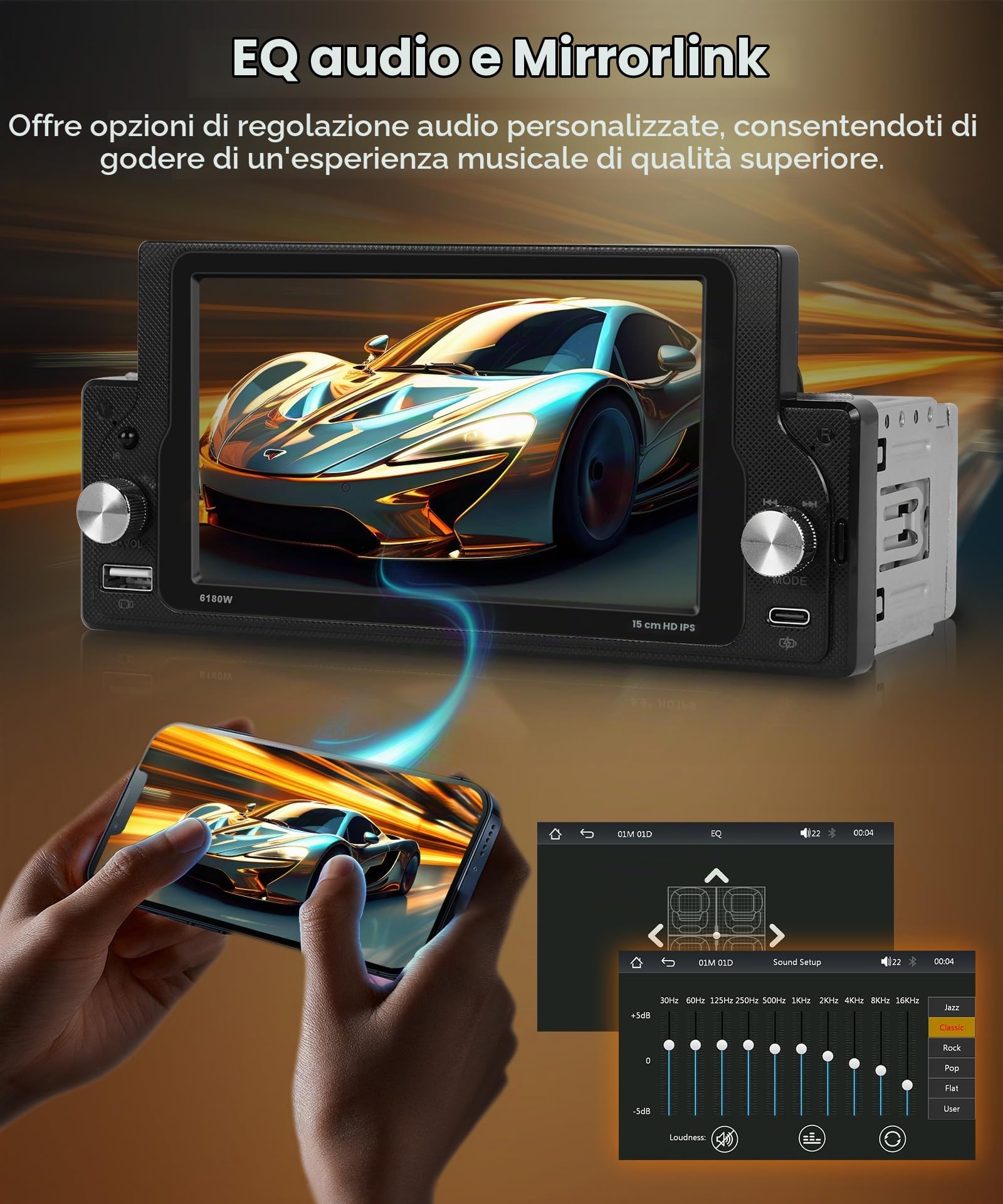 Hodozzy 1 Din Stereo Auto con Wireless CarPlay e Android Auto, Autoradio con Schermo IPS da 7" con USB/USB C/Bluetooth 5.0/Mirror Link/FM/EQ/SWC + Telecamera Posteriore