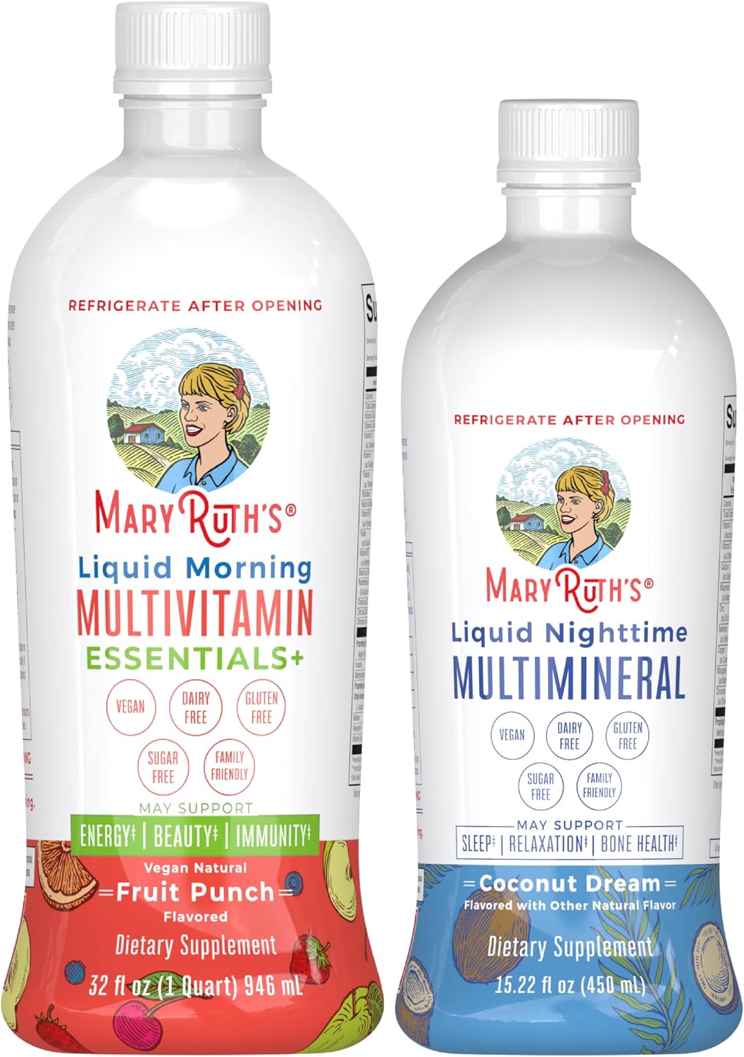 MARYRUTH'S Liquid Morning Multivitamin (Fruit Punch) & Liquid Nighttime Multimineral (Coconut, 15oz) | Clean Label Project Verified® | Vegan Vitamins for Energy, Bedtime Routine & Overall Health