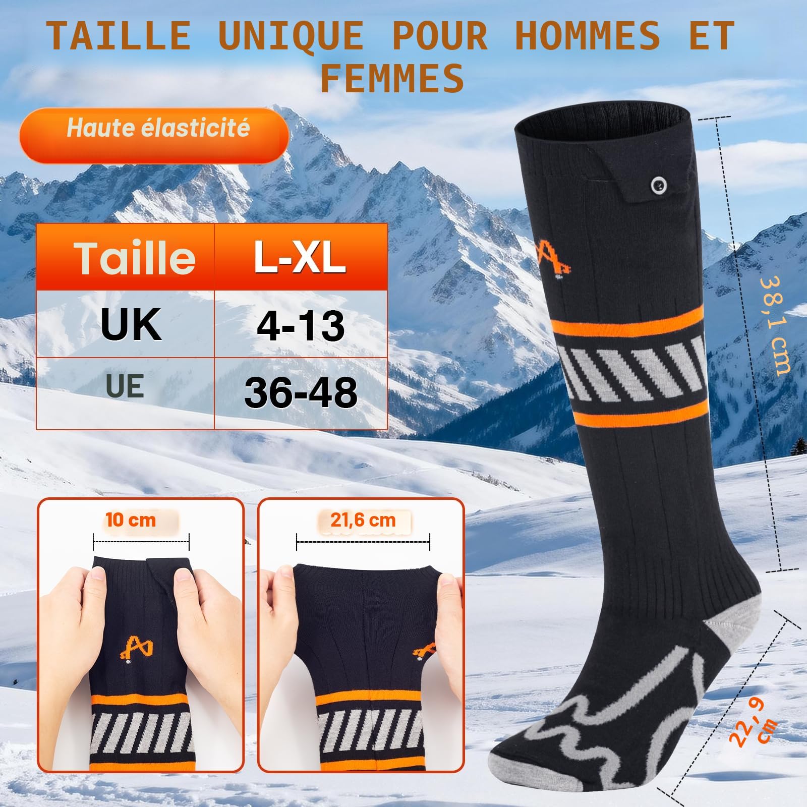 Chaussettes Chauffantes Rechargeables 5V 5000mAh 360° Heating Zone 4 Niveaux de Chauffage Homme Femme