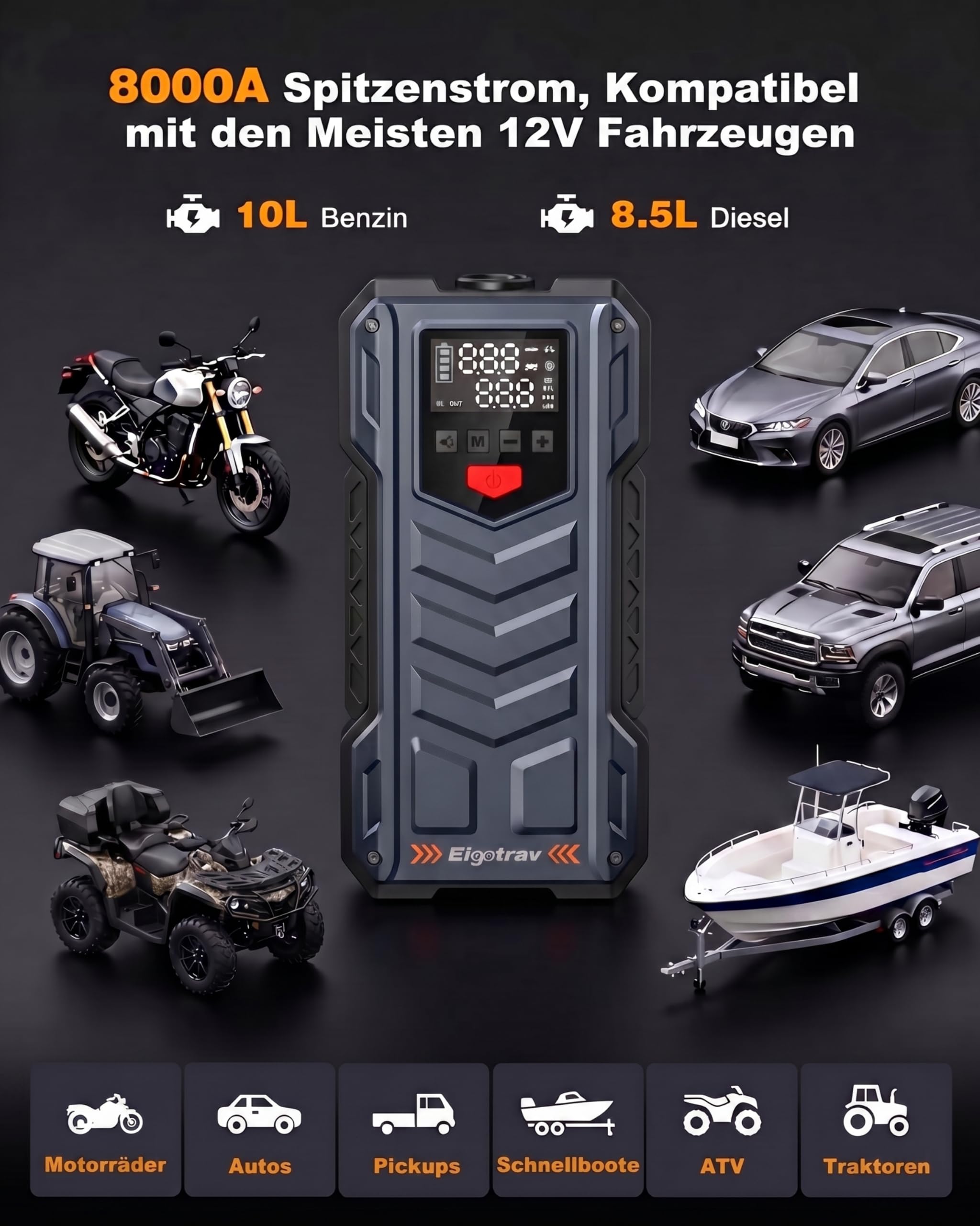 8000A Starthilfe Powerbank für Pkw mit Kompressor 150 PSI, 12V Auto Starthilfe (10L Benzin/8.5L Diesel), Jump Starter mit 600 Lumen LED Licht, LCD Display