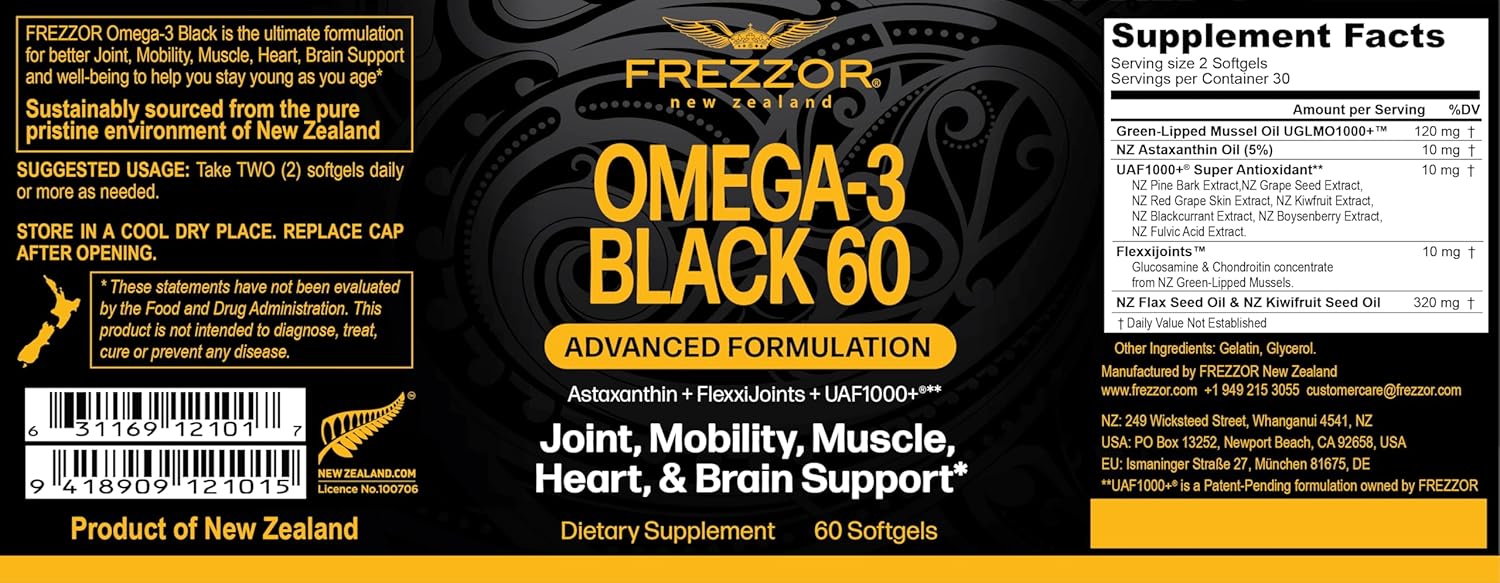 FREZZOR Omega 3 Black - Highest Strength Green Lipped Mussel Oil Capsules, Made in New Zealand, UAF1000+, Inflammation, Joint Care & Relief, Heart & Immune Support, 60 Count (Pack of 4) - Image 2