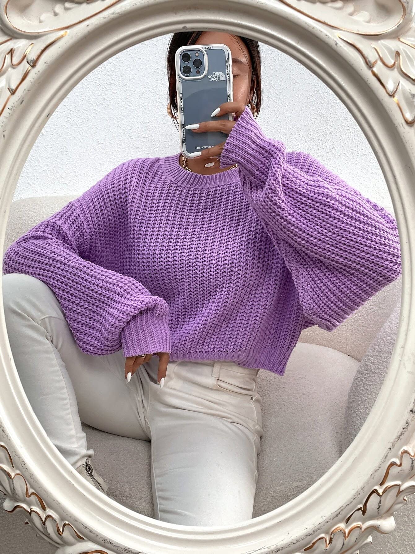 Solid Ribbed Knit Drop Shoulder Women's Sweater Pullover Soft Round Neck  Light Stretch Sweater Cropped Autumn Sweaters for Women (Color : Lilac  Purple, Size : S.) : Amazon.nl: Fashion
