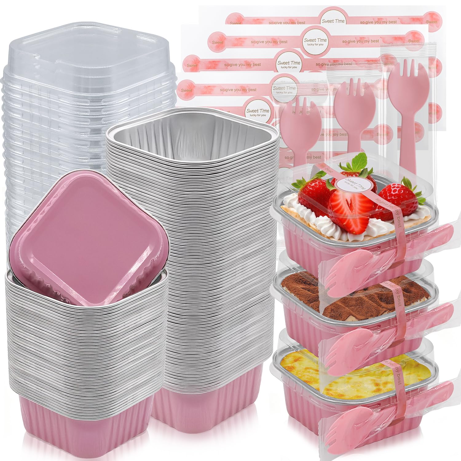YuleNova 100PCS Mini Cake Baking Cups, 150ml Square Aluminum Foil Baking Pans Small Loaf Tins with Lids Spoons and Stickers for Bread Dessert Wedding Birthday Picnic Party, Pink