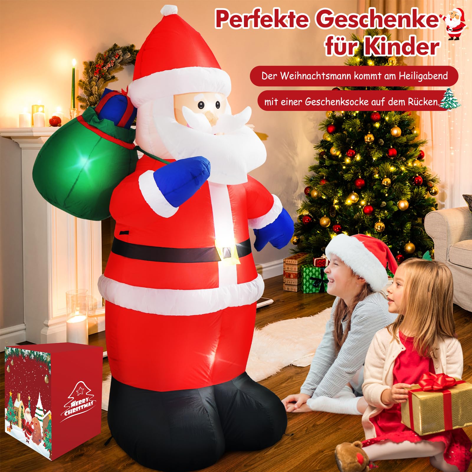 Danxilu 1,5m Weihnachtsdeko Aufblasbarer Weihnachtsmann mit LED-Beleuchtung | Aufblasbar Nikolaus Weihnachten Outdoor Deko mit Geschenktüte für Aussen Garten Innen Außen Balkon Hof
