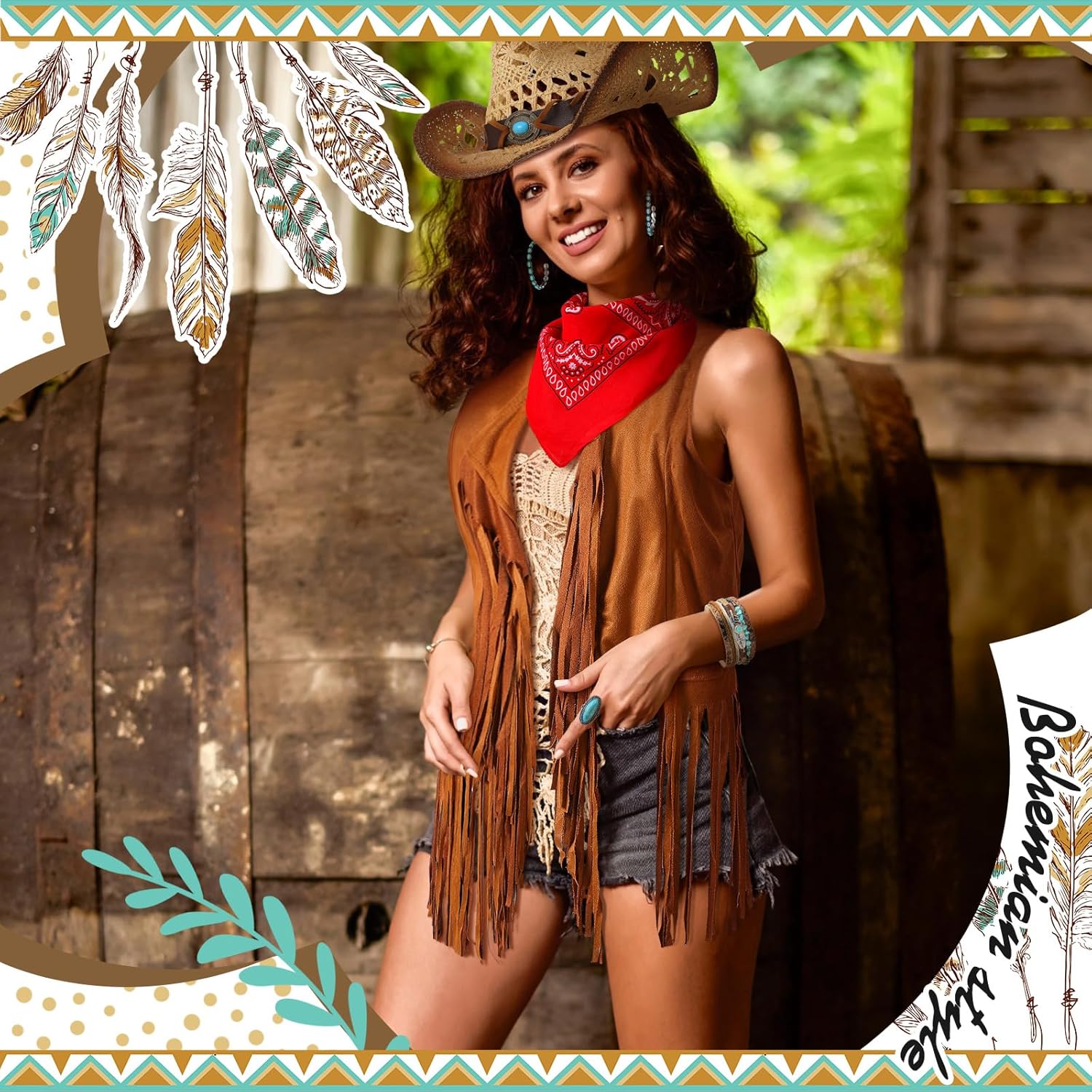 Ecally 7 Pcs Western Cowgirl Outfit Tassels Fringe Vest Bohemian Turquoise Jewelry Kit Cowboy Hat Bandana for Women Cosplay - Image 6